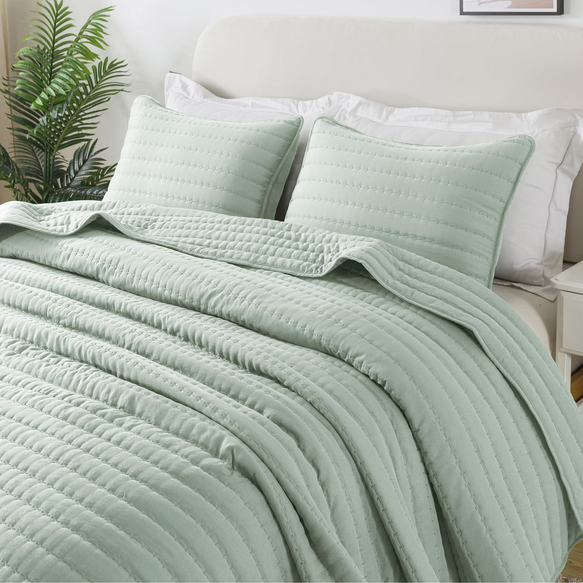 Roaringwild Sage Green King Size Quilt Bedding Sets With 2 Pillow Shams, Lightweight Soft Bedspread Coverlet, Quilted Blanket Th