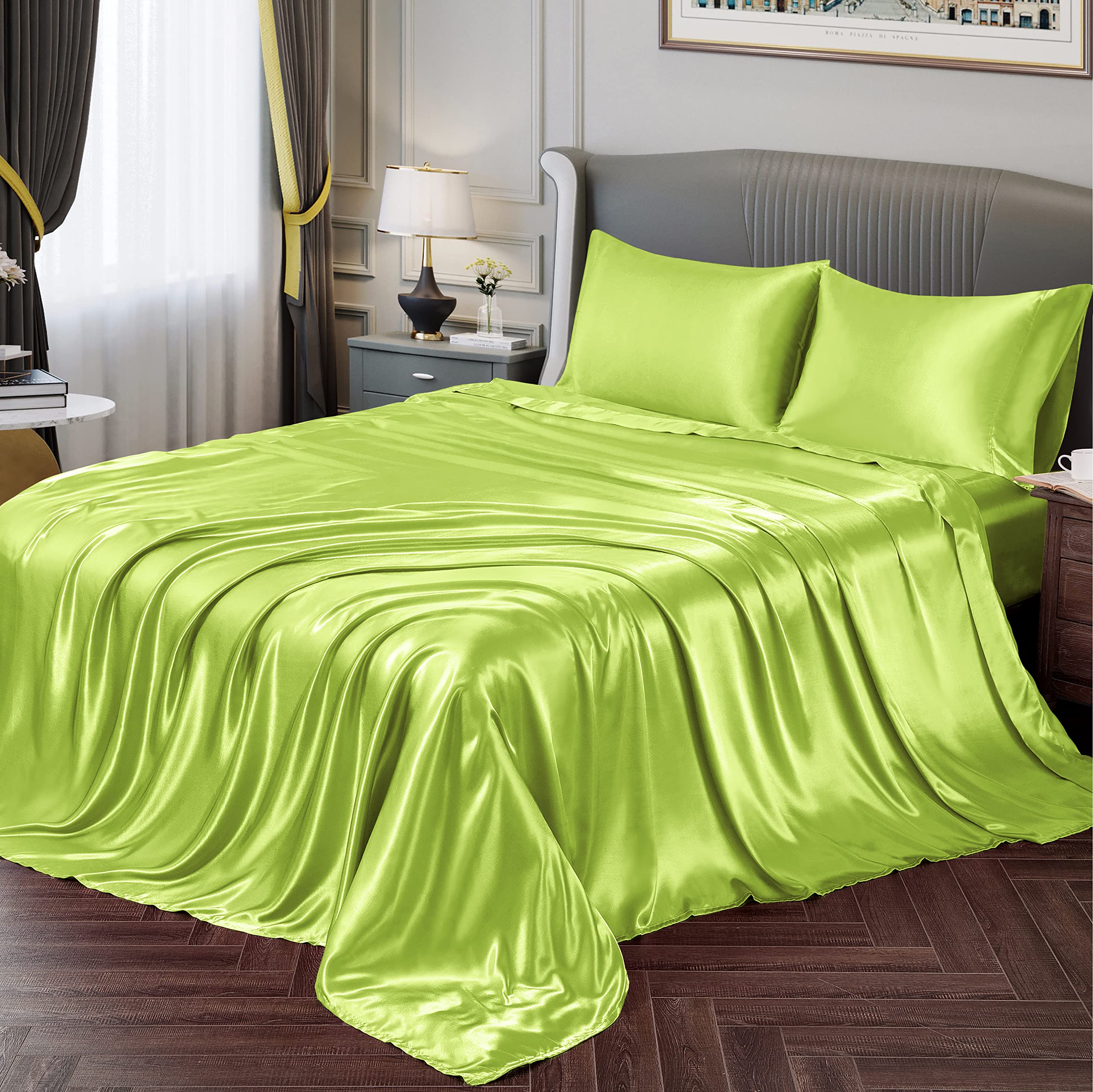 Vonty Satin Sheets Queen Silky Soft Satin Bed Sheets Lime Green Satin Sheet Set, 1 Deep Pocket Fitted Sheet + 1 Flat Sheet + 2 P