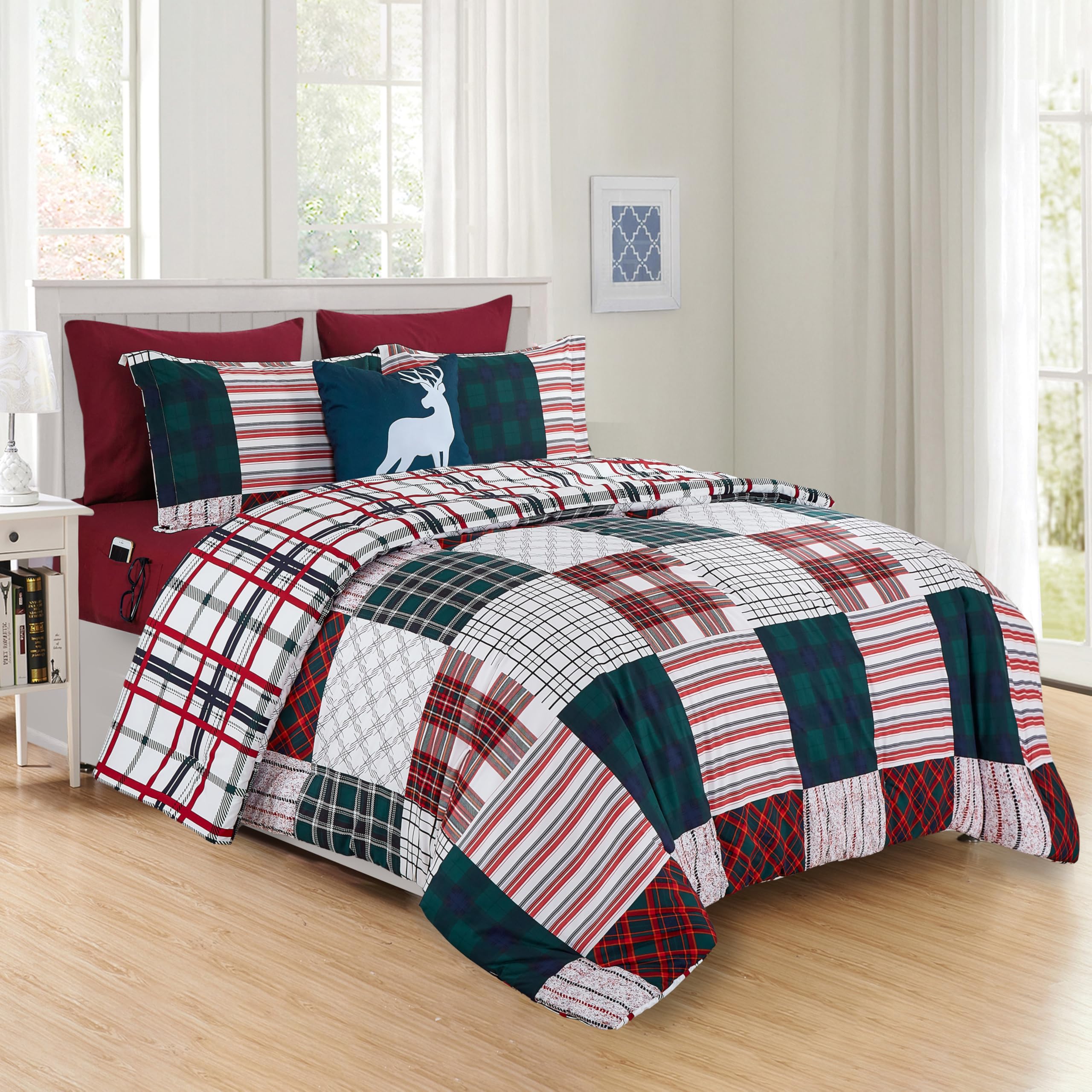 Elegant Comfort 8- Piece Cabin Patch Reversible Comforter Set Bed-In-A-Bag Set - Silky Soft Complete Set Includes Bed Sheet Set With Double Sided Storage Pockets, Full/Queen, Burgundy