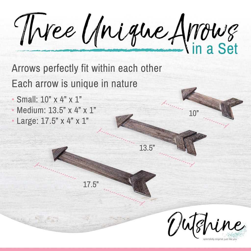 Outshine Wooden Arrows For Farmhouse Wall Decor, Rustic Brown (Set Of 3) | Cute Wood Arrows For Bedroom Decor, Bathroom Decor, K