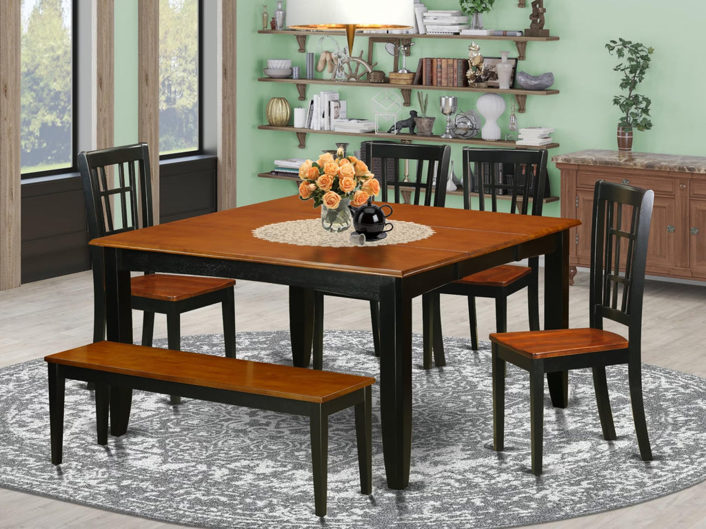 East West Furniture PFNI6-BCH-W 6 Piece Dining Table Set Contains a Square Dining Room Table with Butterfly Leaf and 4 Wooden Seat Chairs with a Bench, 54x54 Inch, Black & Cherry