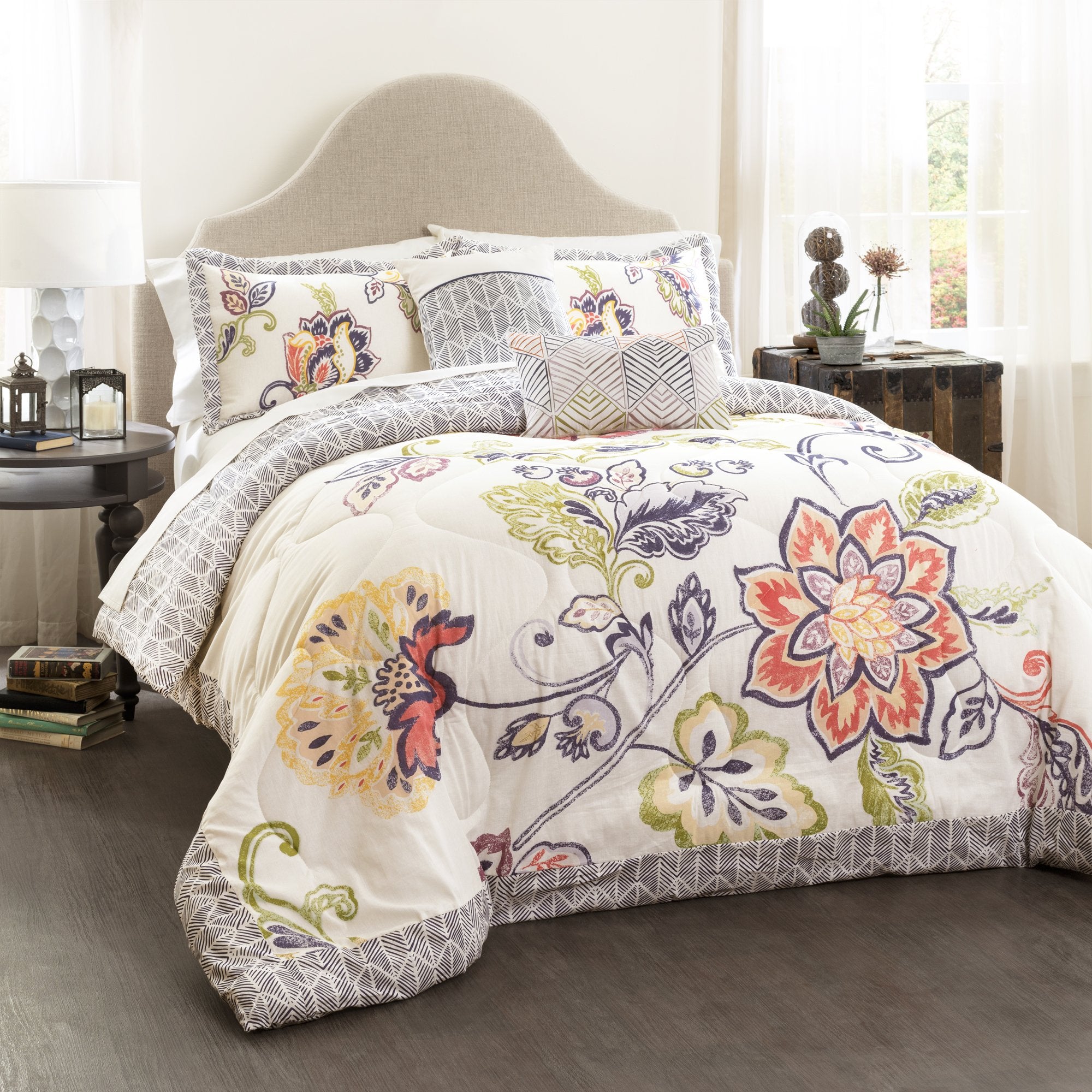 Lush Decor Aster Comforter Flower Pattern Reversible 5 Piece Lightweight Bedding Set, Coral & Navy, Full/Queen