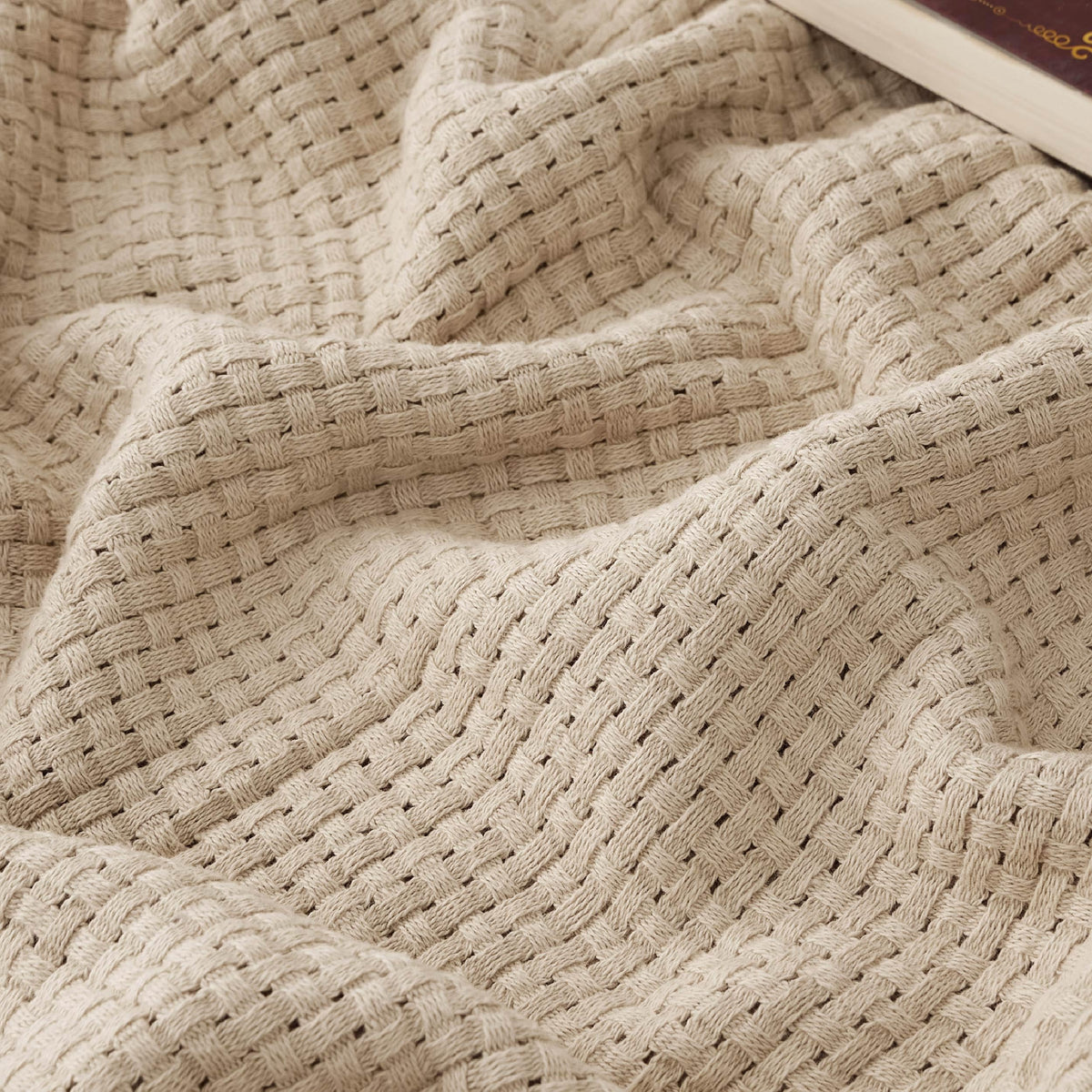 Bedsure 100% Cotton Blanket Queen Size For Bed - Breathable And Lightweight, Soft Cozy Basket Woven Blanket For Summer, Tan, 90X