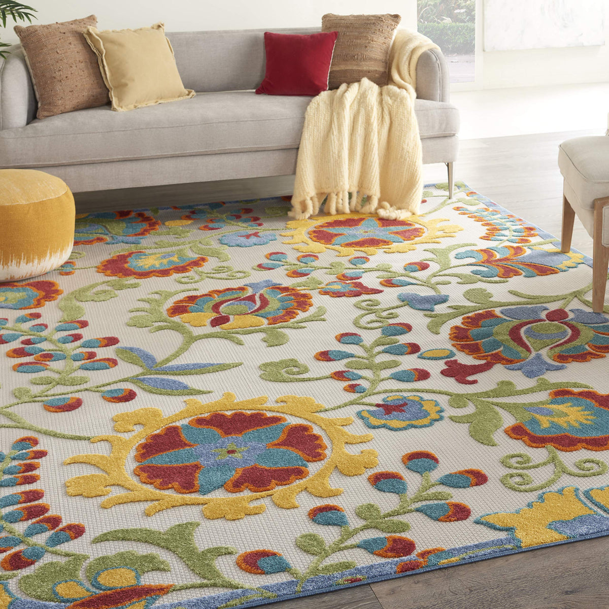 Nourison Aloha Indoor/Outdoor Ivory/Multi 12' X 15' Area Rug, Easy Cleaning, Non Shedding, Bed Room, Living Room, Dining Room, B