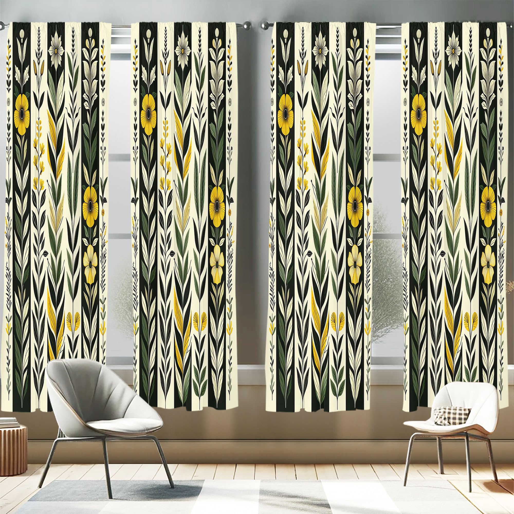 Ambesonne Nature Boho Window Curtains Pack of 2, Urban Jungle Theme Dreamy Leaves and Flowery Petals and Stripes, Lightweight Se