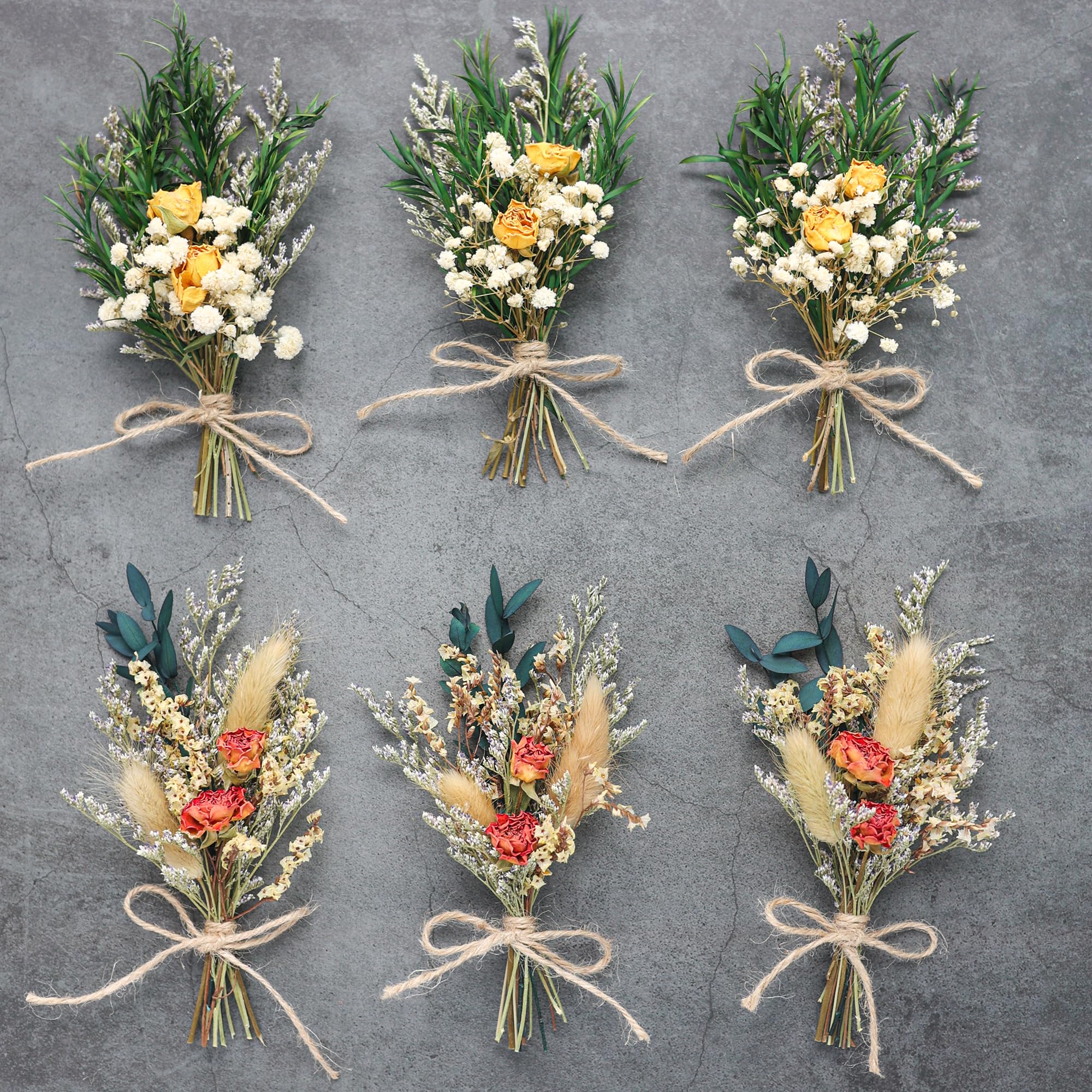 Mini Dried Rose Bouquet (Pack Of 6), Natural Dried Flower Bouquet, Bohemian Wedding Table Centrepieces, Dried Pampas Grass, Groo