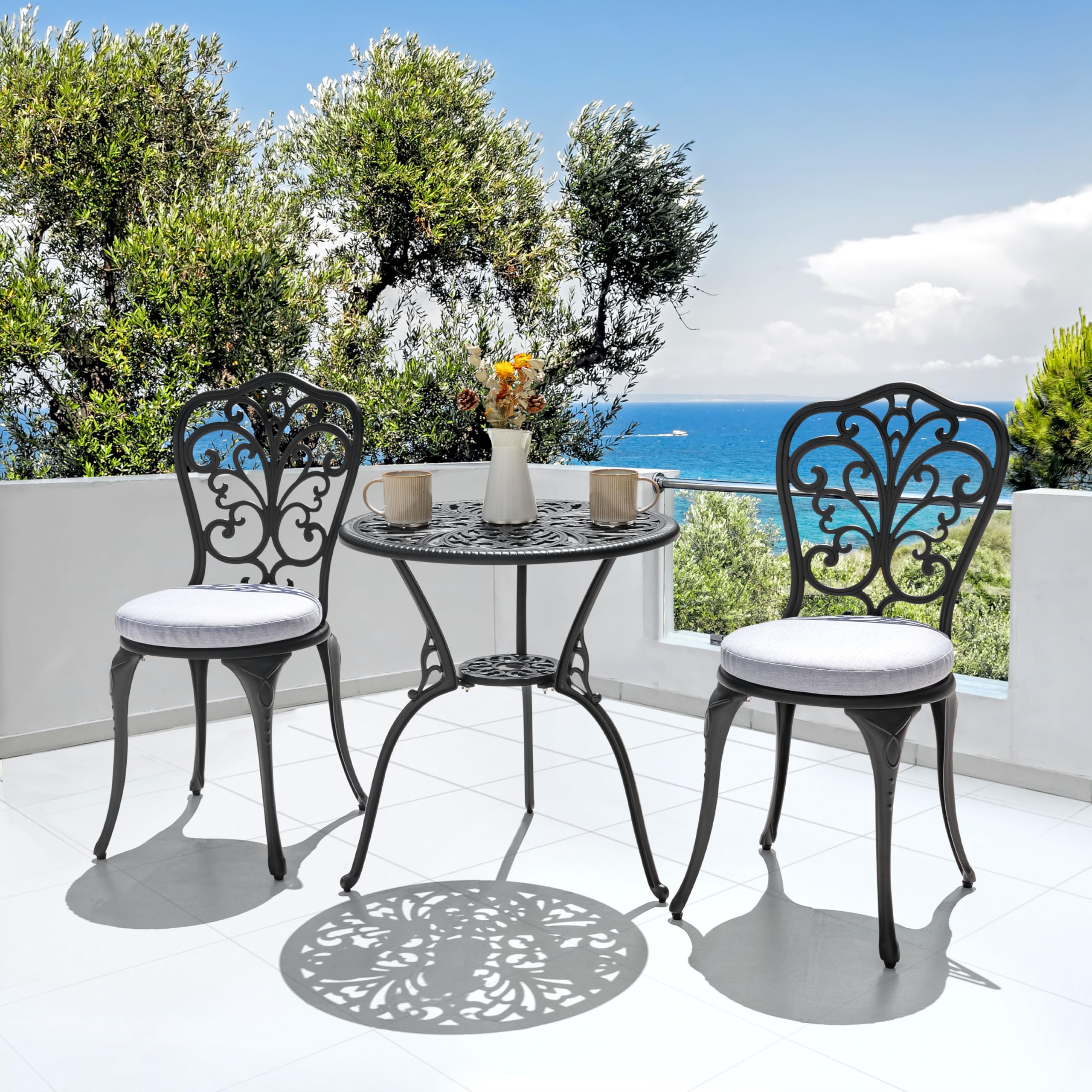 Nuu Garden 3 Piece Outdoor Bistro Table Set, All Weather Cast Aluminum Patio Bistro Sets Patio Table And Chairs Set Of 2 With Umbrella Hole And Grey Cushions For Yard, Balcony, Black