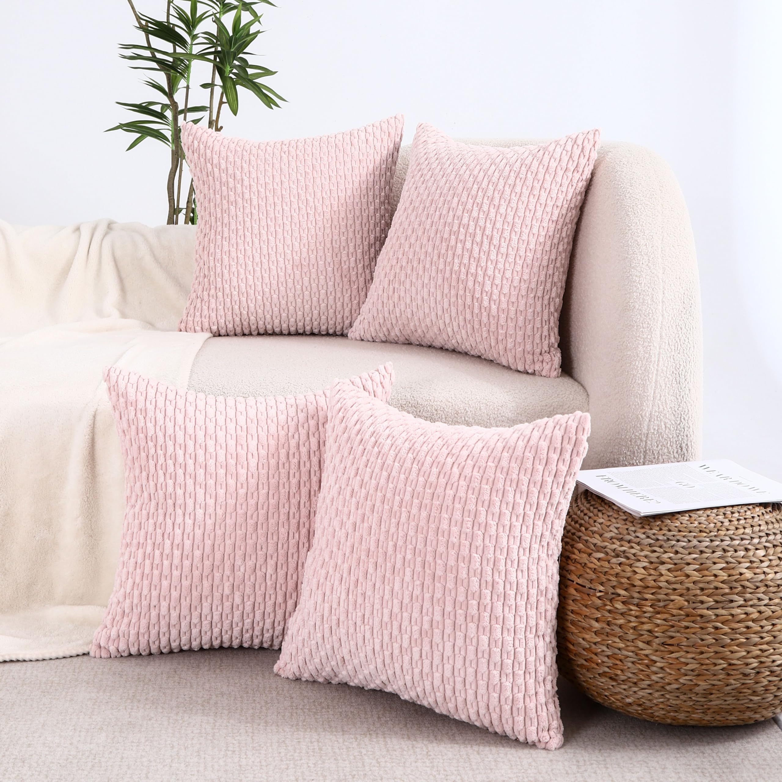 Vakado 20X20 Set Of 4 Light Pink Decorative Couch Throw Pillow Covers Corduroy Farmhouse Rustic Cushion Case Decor Neutral Boho