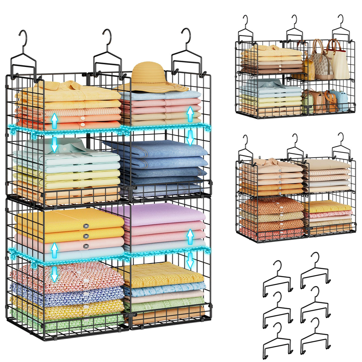 Hanging Closet Organizer with DIY Spacing, DoubleRow Closet Hanging Shelves with 4 Adjustable Dividers & 6 Hooks, Heavy Duty Me