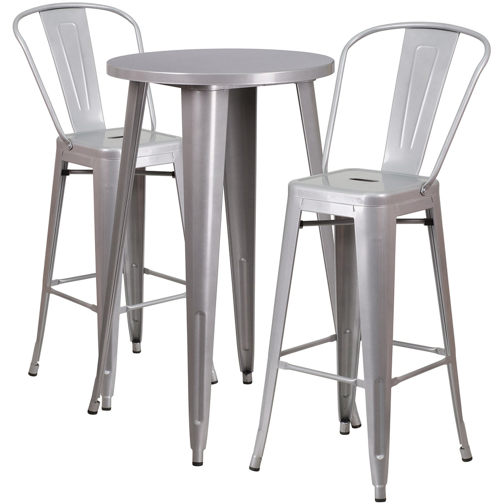 Flash Furniture Nichols Commercial Grade 24" Round Silver Metal Indoor-Outdoor Bar Table Set With 2 Cafe Stools