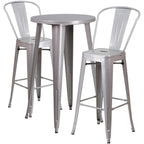 Flash Furniture Nichols Commercial Grade 24" Round Silver Metal Indoor-Outdoor Bar Table Set With 2 Cafe Stools