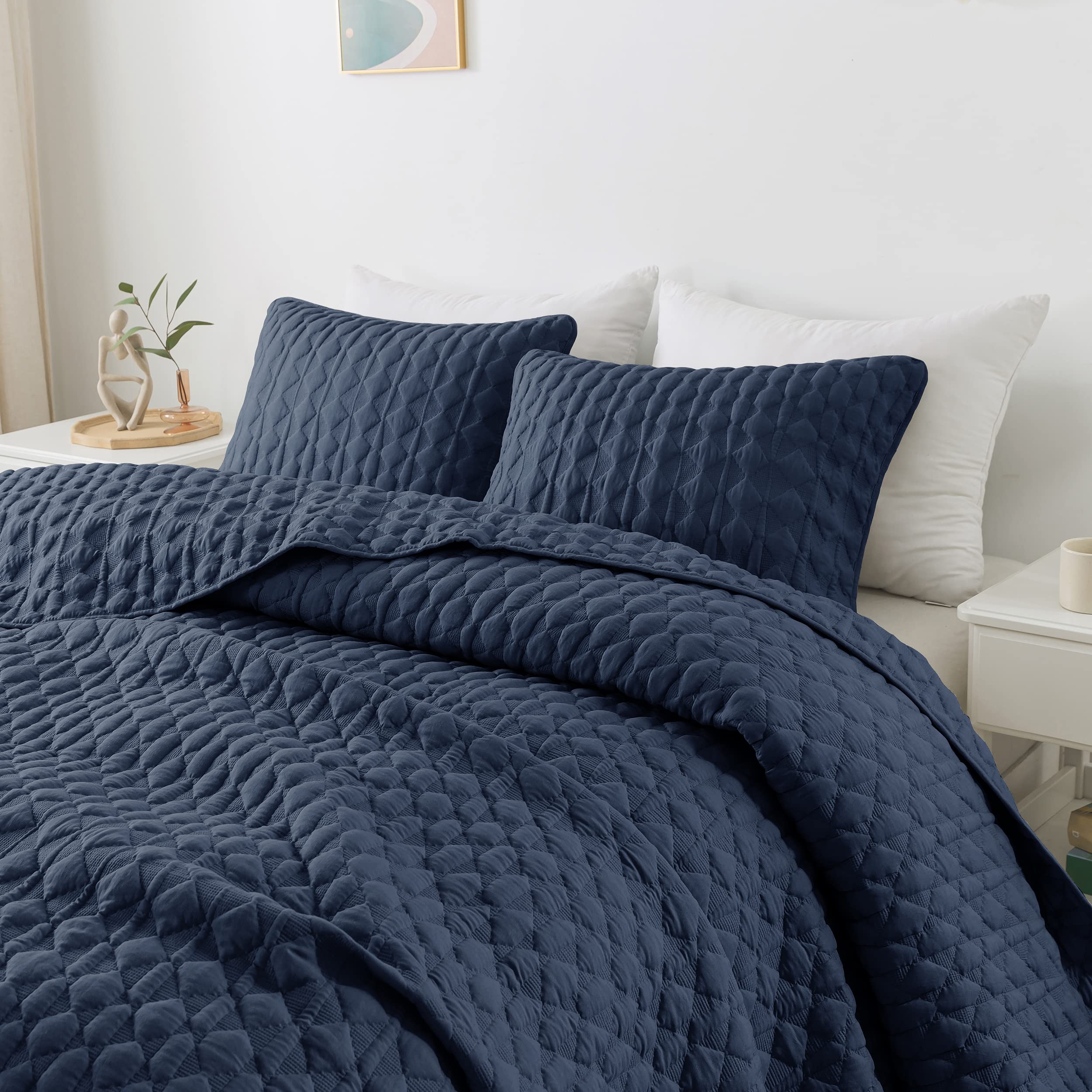 Wdcozy Oversized California Cal King Size Quilt Bedding Sets With Pillow Shams, Navy Blue Lightweight Soft Bedspread Coverlet Be