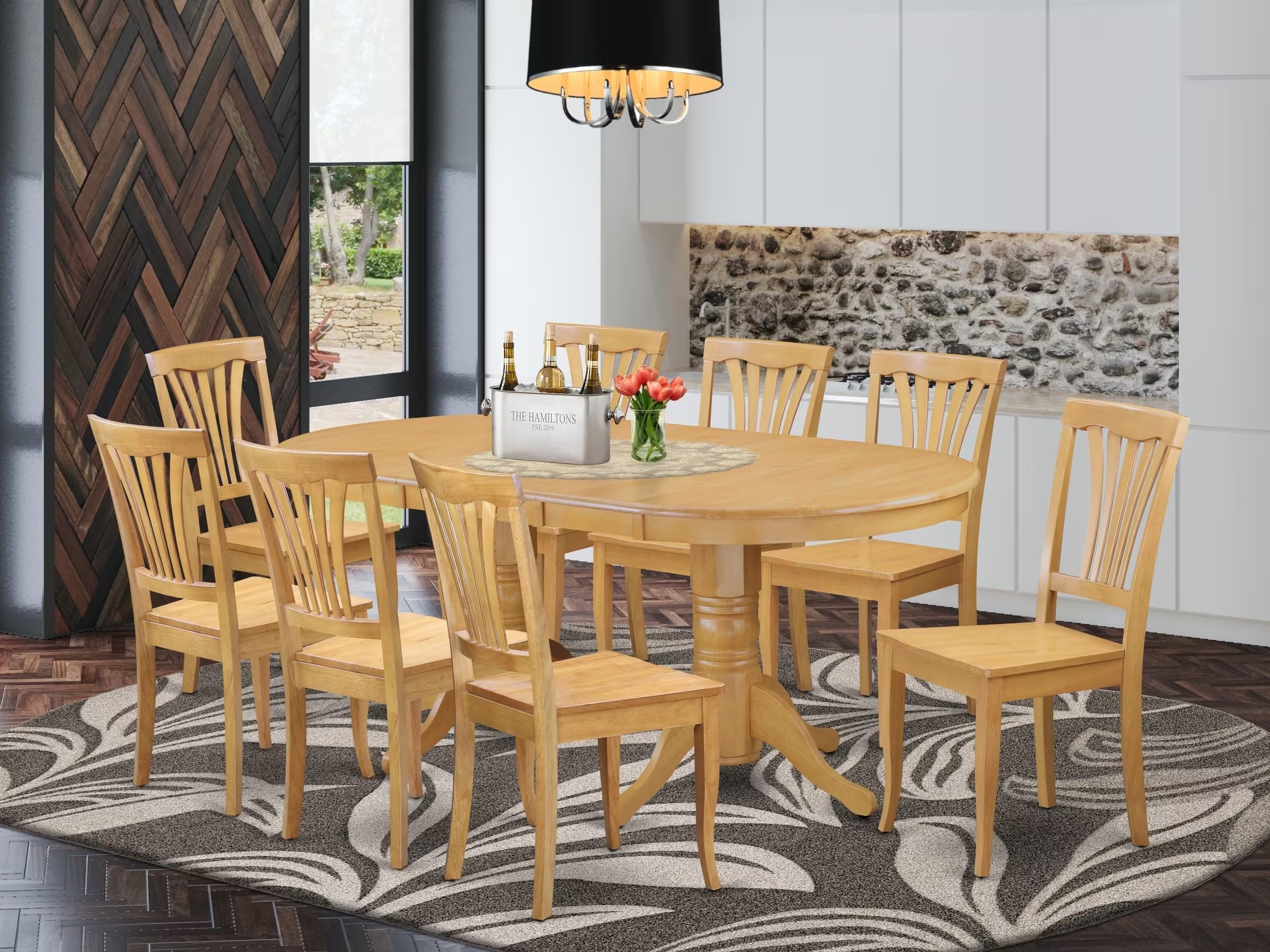 East West Furniture VAAV9-OAK-W 9 Piece Dining Set Includes an Oval Dining Room Table with Butterfly Leaf and 8 Kitchen Chairs, 40x76 Inch, Oak