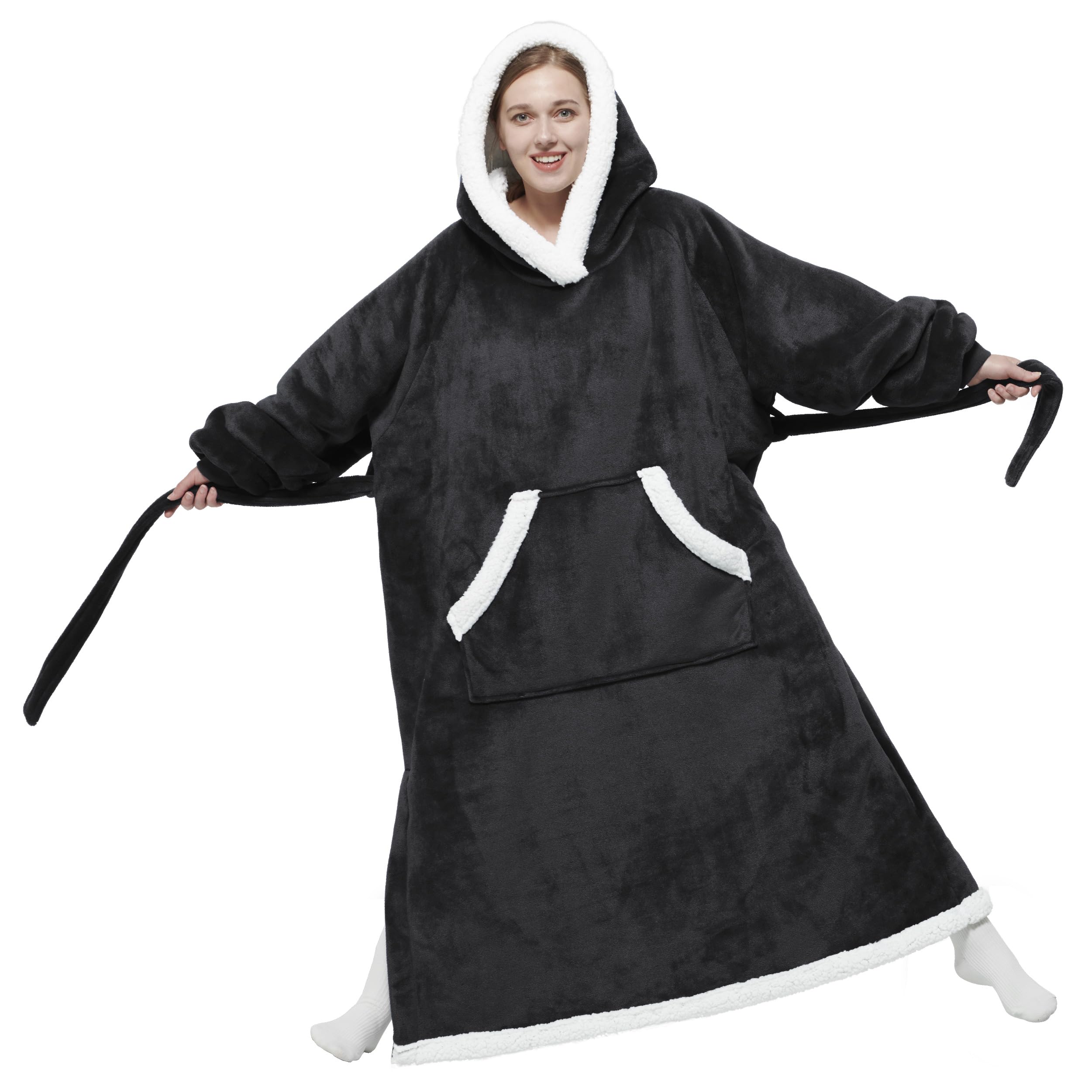 Bedsure Ovesized Wearable Blanket Hoodie, Long Sherpa Fleece Blanket Sweatshirt, With Warm Big Hood, Side Split And Belt, Black,