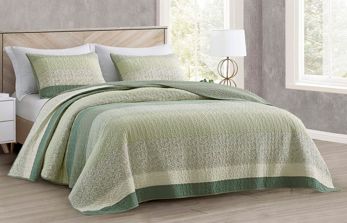 Chezmoi Collection Reed 2-Piece Chic Patchwork Striped Quilt Set - Green Floral Coverlet - Pre-Washed Cotton Lightweight Reversi