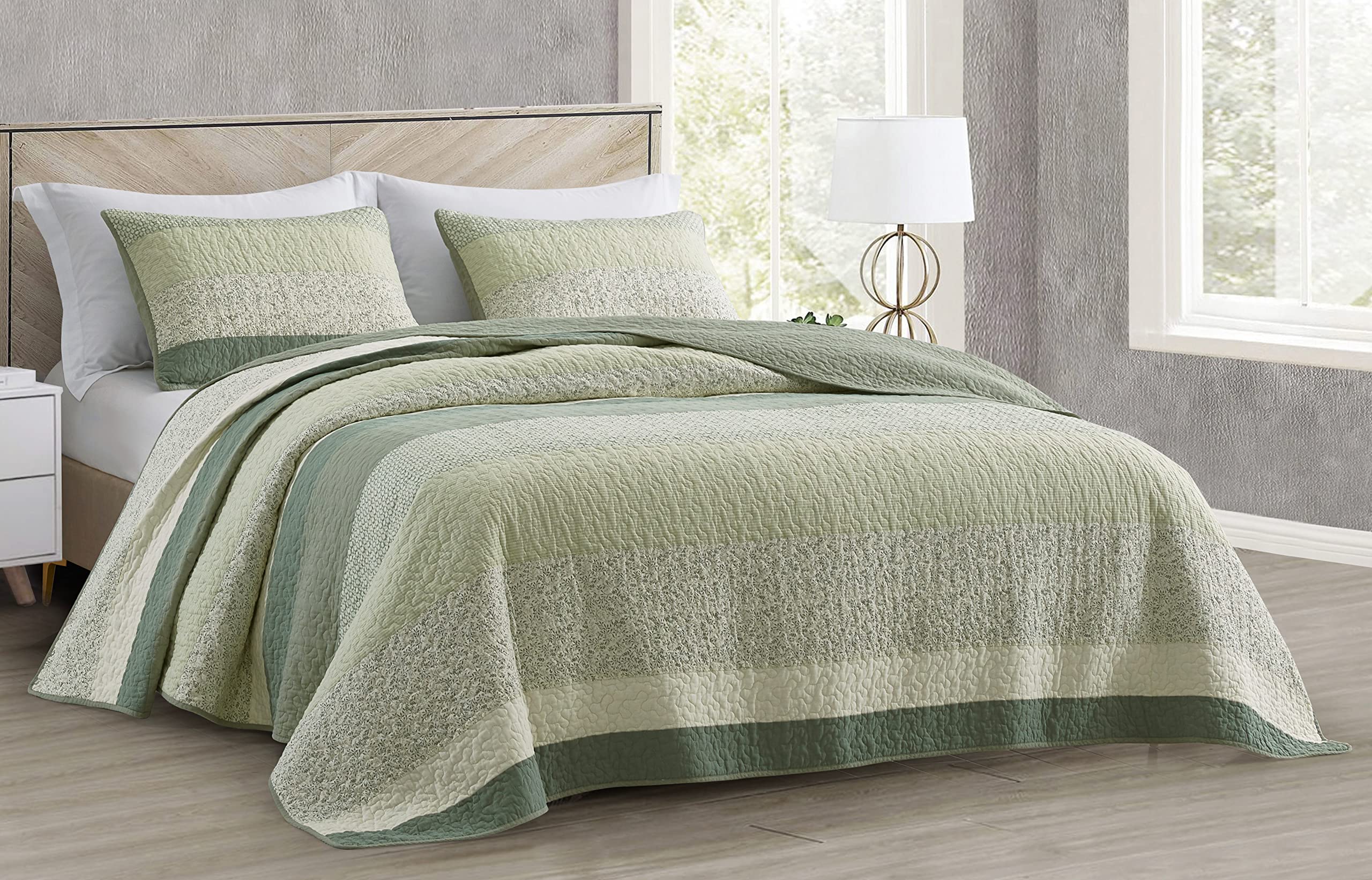 Chezmoi Collection Reed 2-Piece Chic Patchwork Striped Quilt Set - Green Floral Coverlet - Pre-Washed Cotton Lightweight Reversi