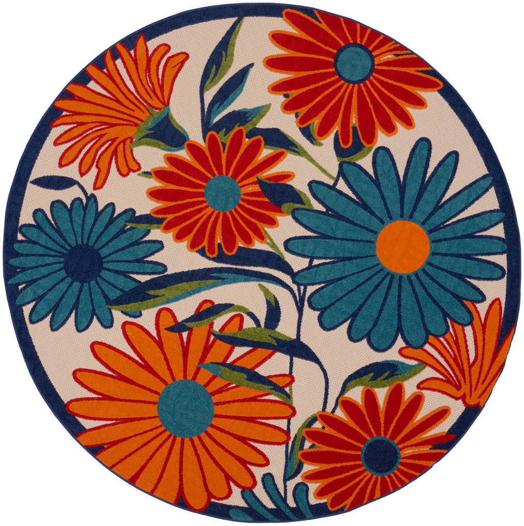 Nourison Aloha Outdoor Multicolor 4' X Round Area Rug, Easy Cleaning, Non Shedding, Bed Room, Living Room, Dining Room, Deck, Backyard, Patio (4 Round)