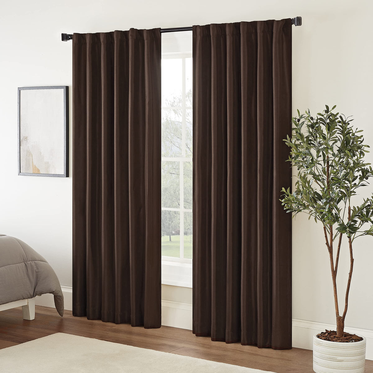 Eclipse Fresno Modern Blackout Thermal Rod Pocket Window Curtain for Bedroom (1 Panel), 52'' x 84'', Espresso