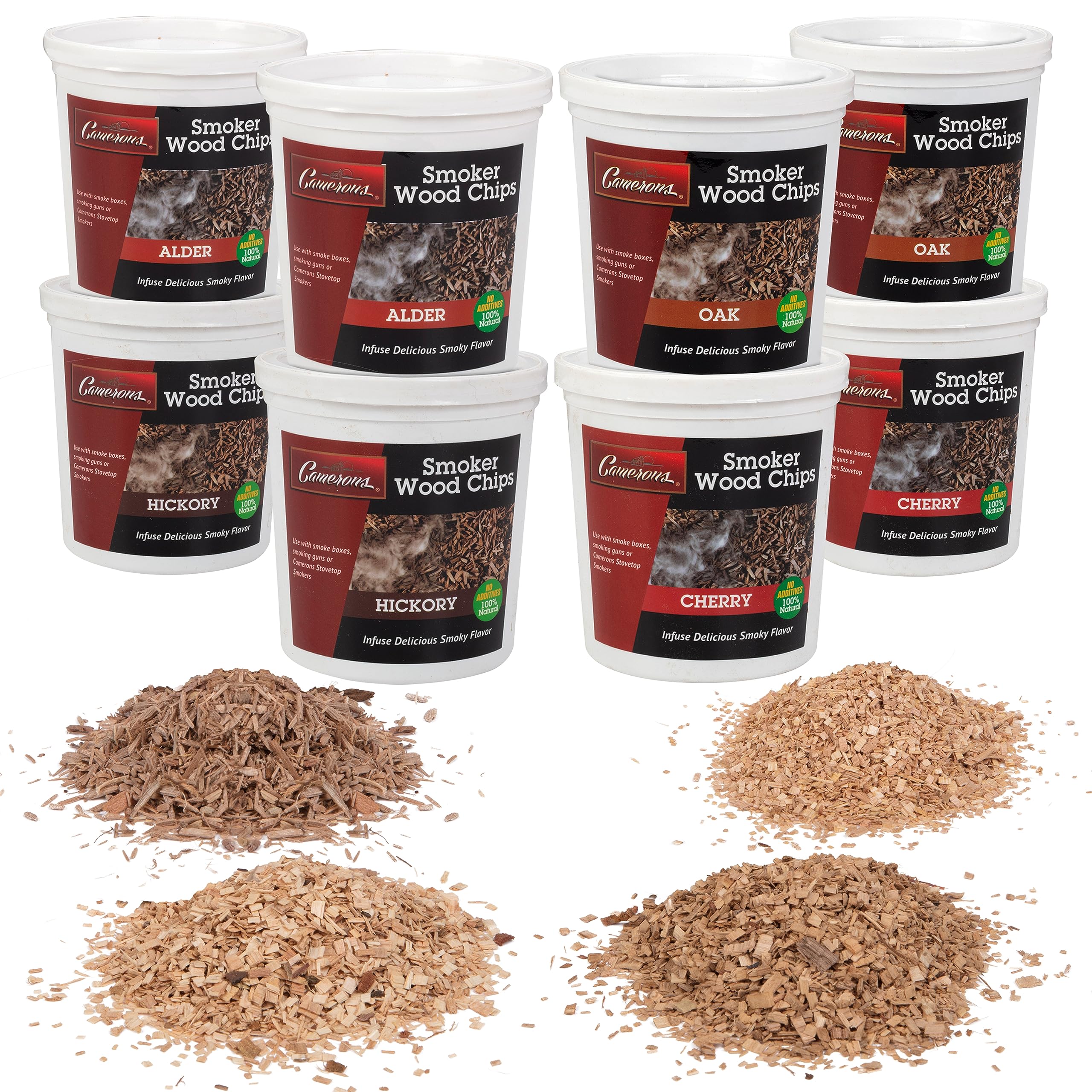 Camerons All Natural Extra Fine Cut Bbq Wood Chips - 2 Alder, 2 Cherry, 2 Oak, 2 Hickory (8 Pints, 0.473L Ea)- Sawdust Shavings