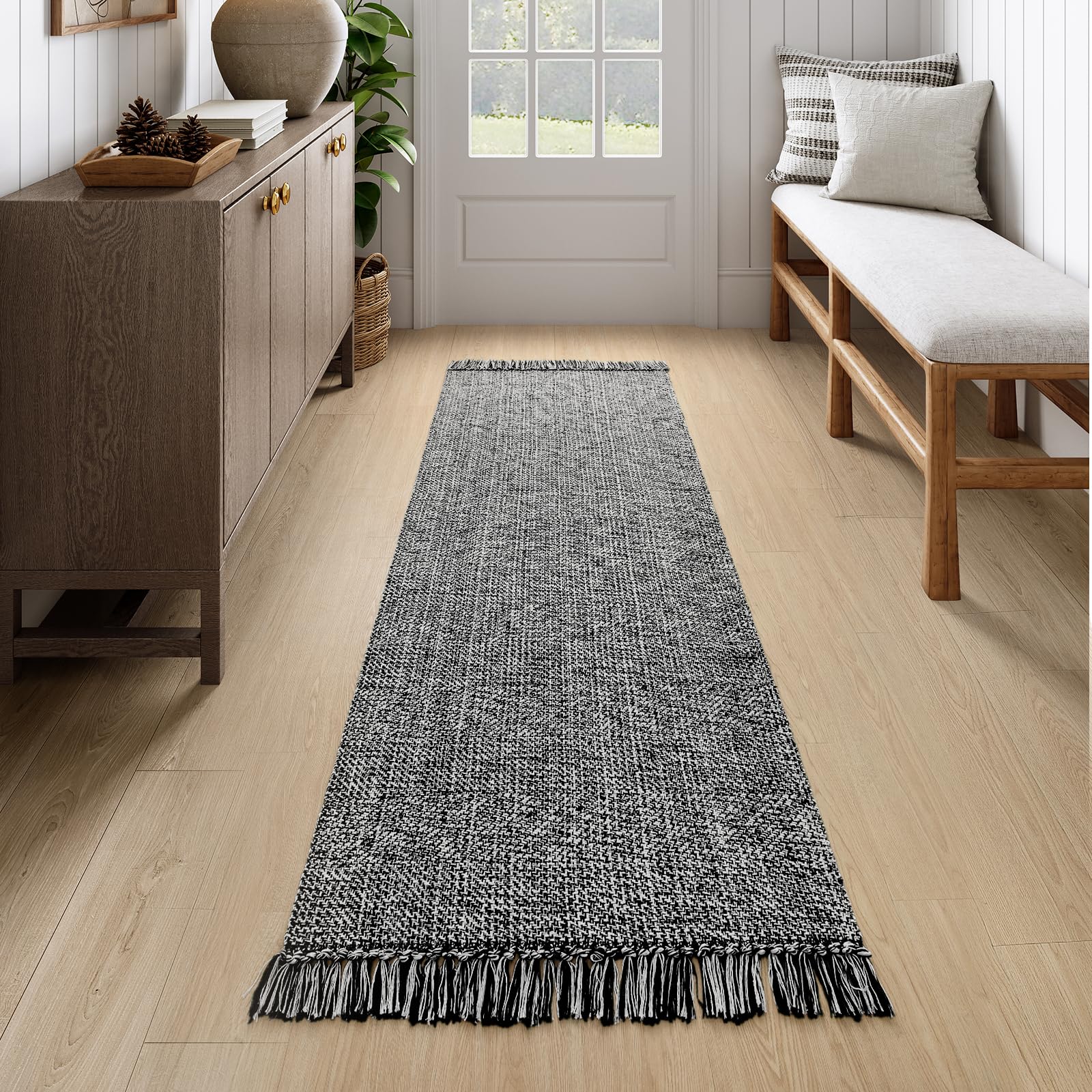 Collive Long Hallway Runner Rug 2.6 x 7, Washable Runner Indoor Entryway Rug, Black/Cream Braided Woven Kitchen Runner Rugs Lo