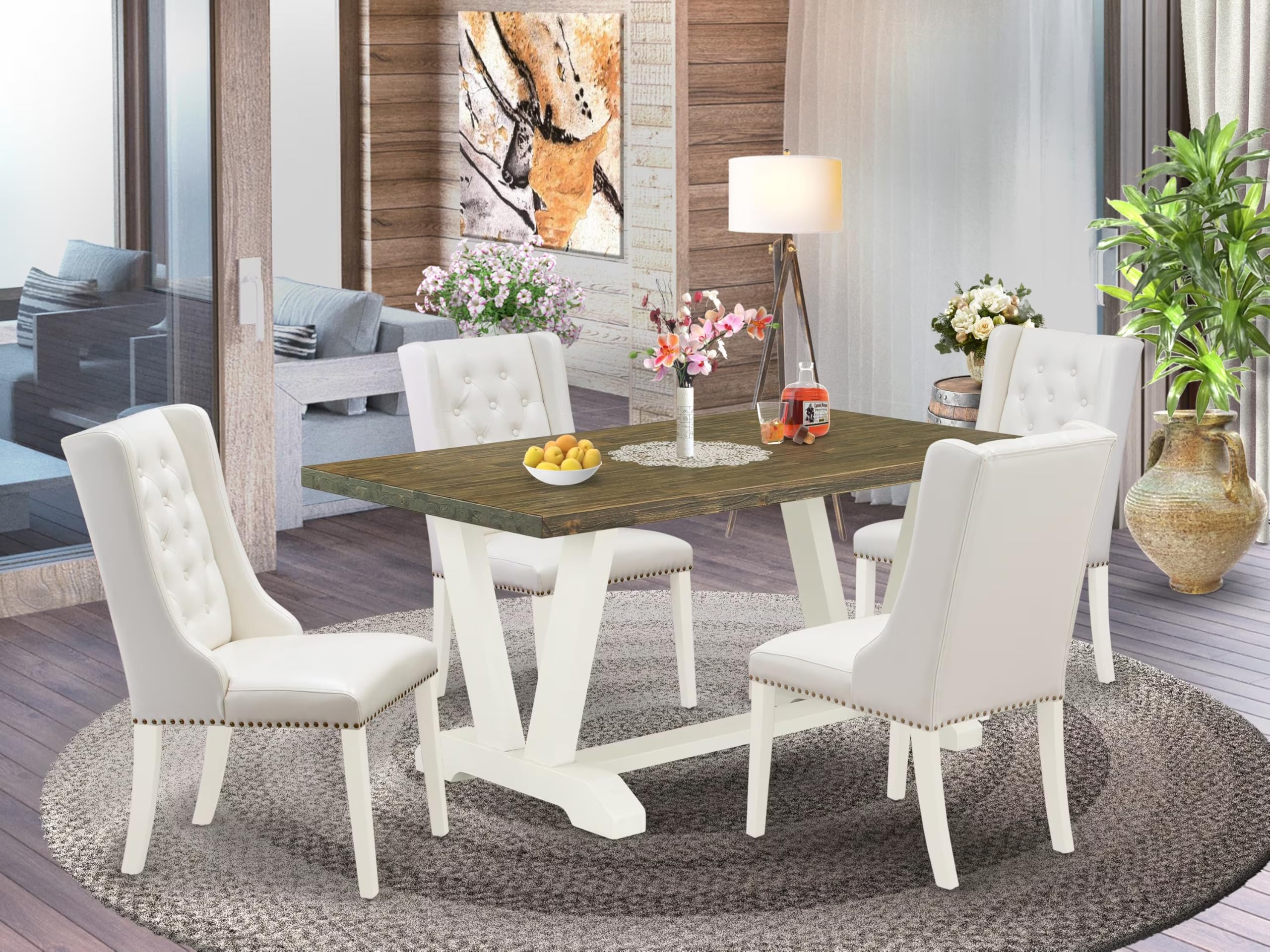 East West Furniture V076FO244-5 5 Piece Dining Room Furniture Set Includes a Rectangle Dining Table with V-Legs and 4 Light Grey Faux Leather Upholstered Chairs, 36x60 Inch, Multi-Color
