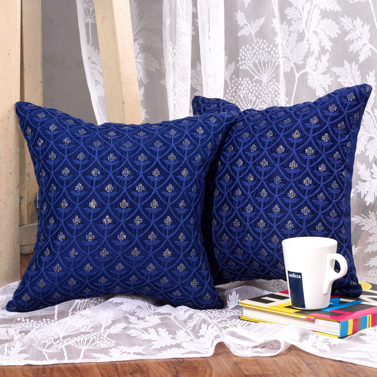 Scarlett Linens Embroidered Cushion Covers 16X16 Inches Pack Of 1 | Sofa Decorative Cushion Covers Blue | Living Room Decorative