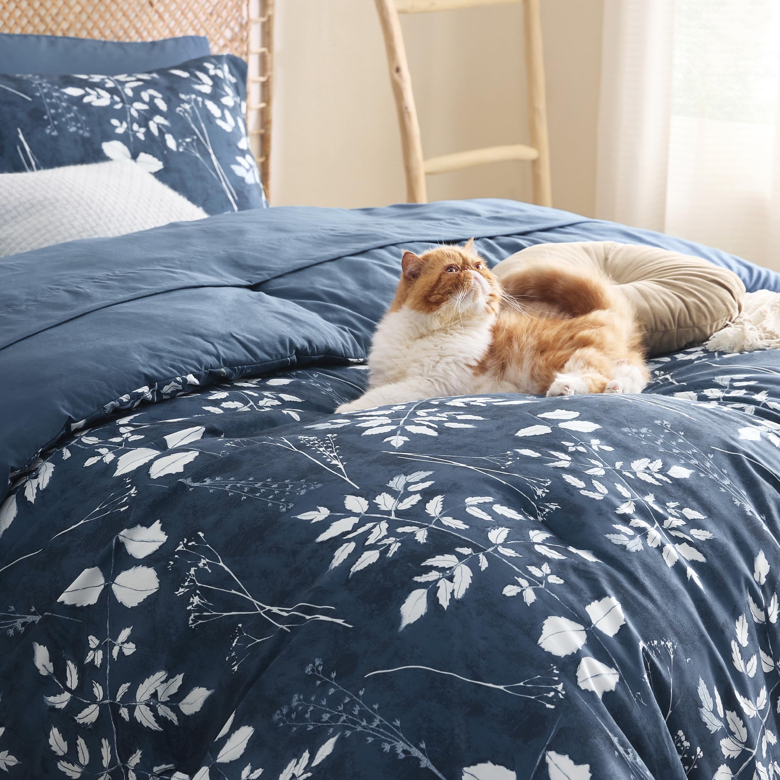 Bedsure Navy Full Comforter Set - 7 Pieces Floral Bedding Sets Full Bed In A Bag With Reversible Botanical Flowers Comforter, Sheets, Pillowcases & Shams