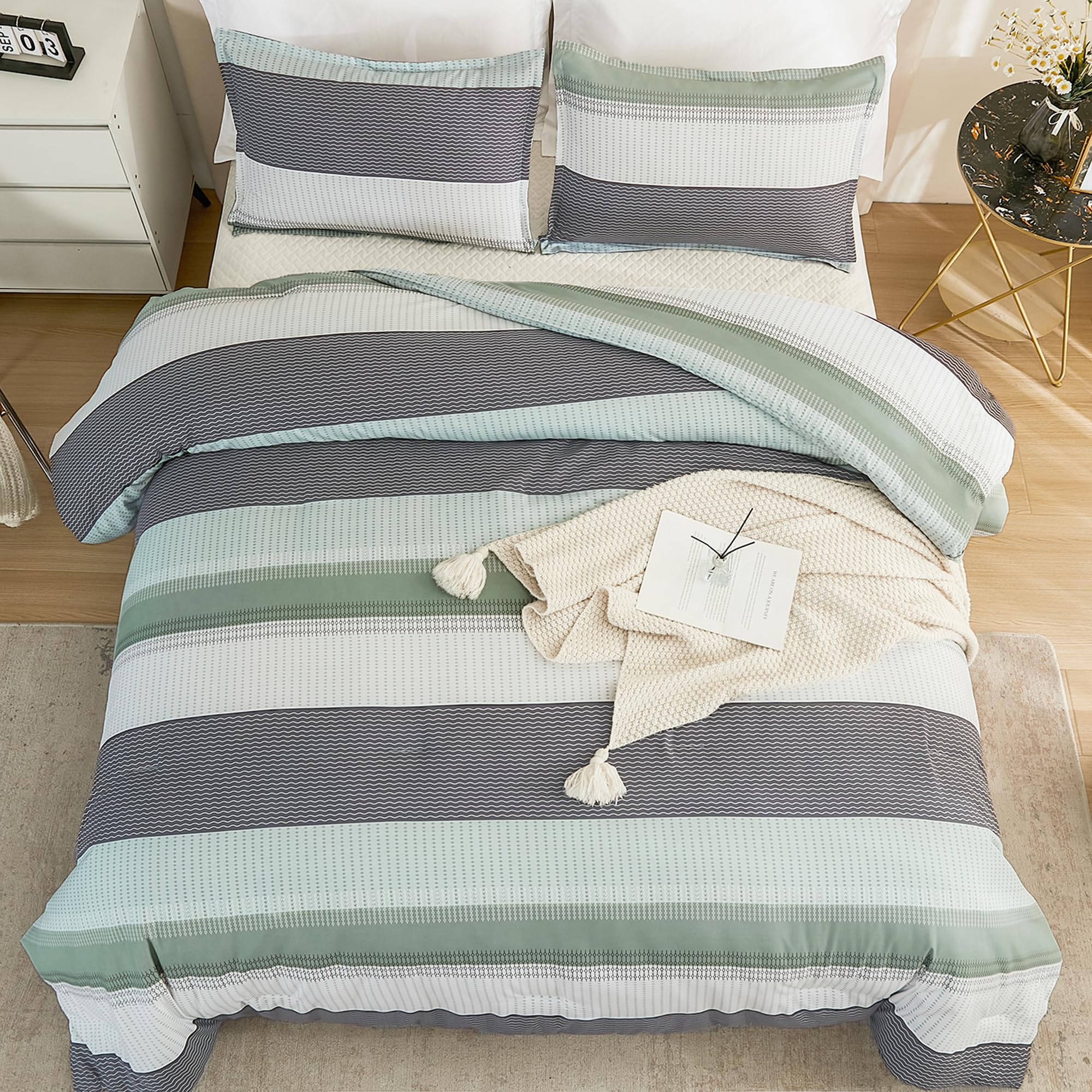Litanika Oversized King Comforter Set Sage Green 120X120-3 Pieces Lightweight Green White Colorblock Stripe Fluffy Bedding Comfo