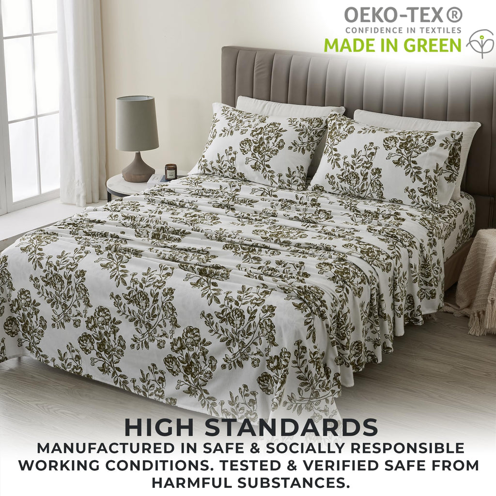 4 Piece 100% Turkish Cotton Full Green Printed Flannel Sheets Set | Deep Pocket, Soft Sheets | Warm, Double Brushed Bed Sheets |