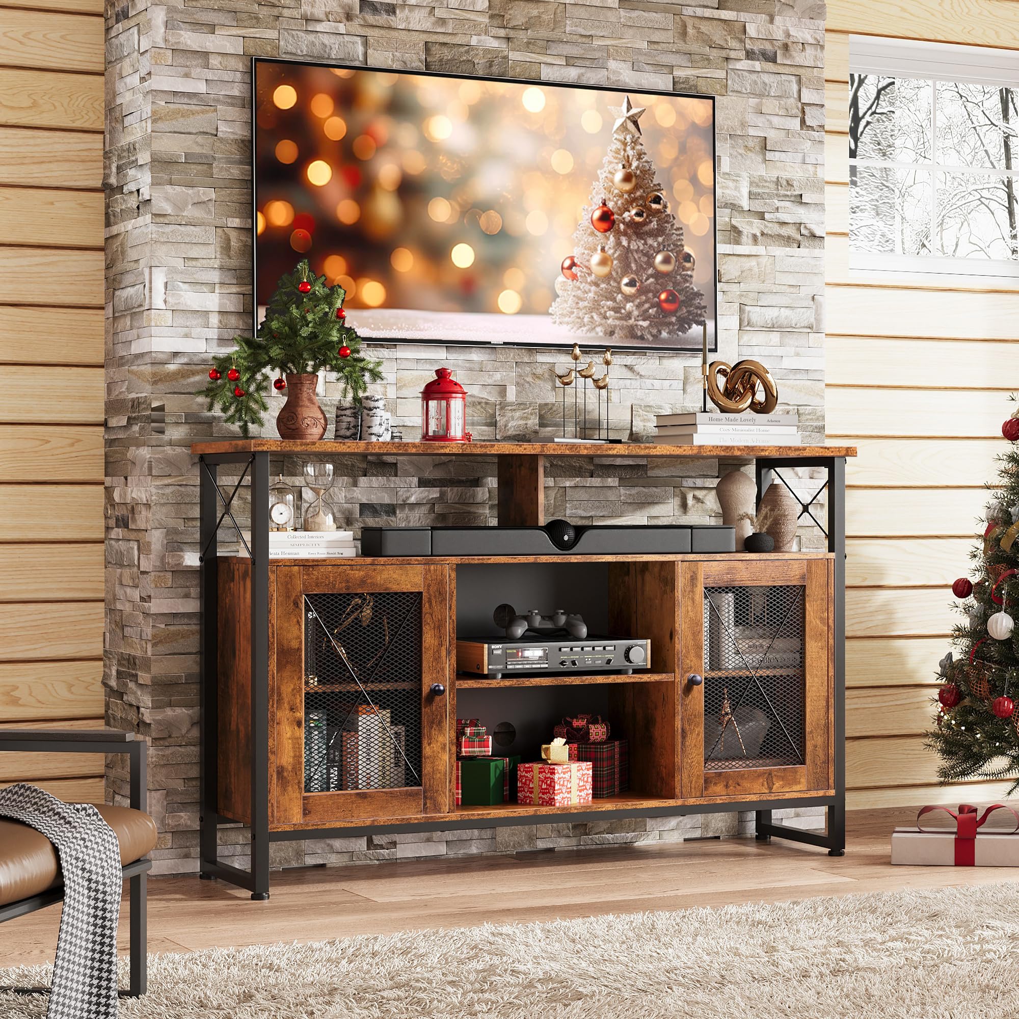 Wlive Tv Stand 55 Inch Tv, Tall Entertainment Center With Storage, Farmhouse Industrial Tv Console For Bedroom Living Room, Rustic Brown