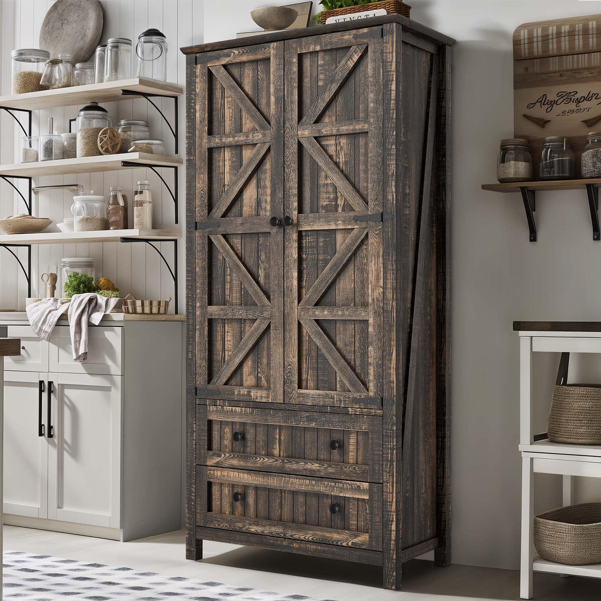 Dwvo Farmhouse Kitchen Pantry Cabinet, 64.5' Tall Storage Cabinet With 2 Drawers And Adjustable Shelves, Versatile Storage For Living Room, Dining Room Or Hallway, Dark Rustic Oak