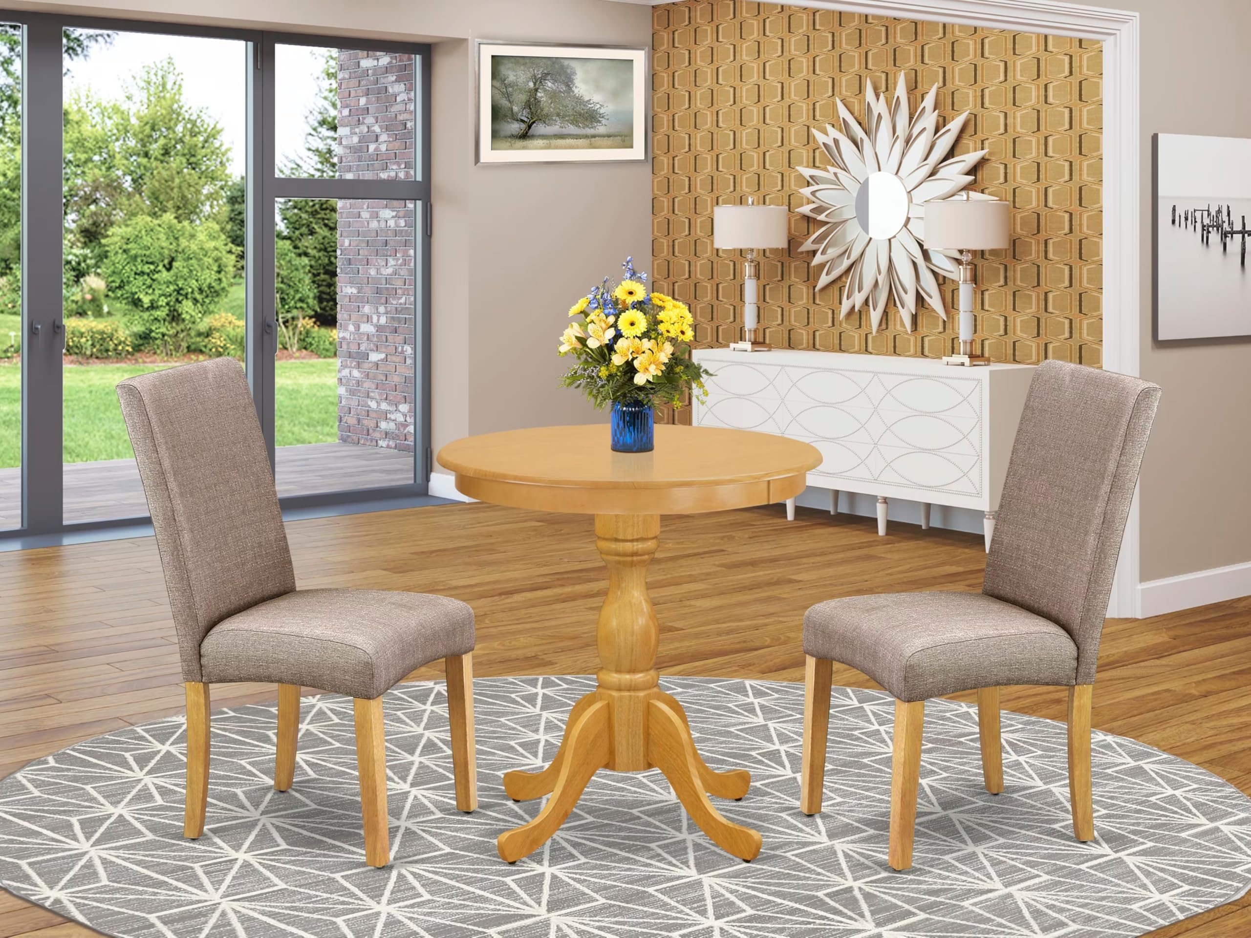 East West Furniture Esdr3-Oak-16 3 Piece Kitchen Table Set Contains A Round Dining Room Table With Pedestal And 2 Dark Khaki Linen Fabric Upholstered Chairs, 30X30 Inch, Oak