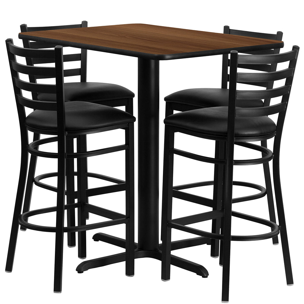 Flash Furniture 24''W x 42''L Rectangular Walnut Laminate Table Set with 4 Ladder Back Metal Barstools - Black Vinyl Seat