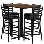 Flash Furniture 24''W x 42''L Rectangular Walnut Laminate Table Set with 4 Ladder Back Metal Barstools - Black Vinyl Seat