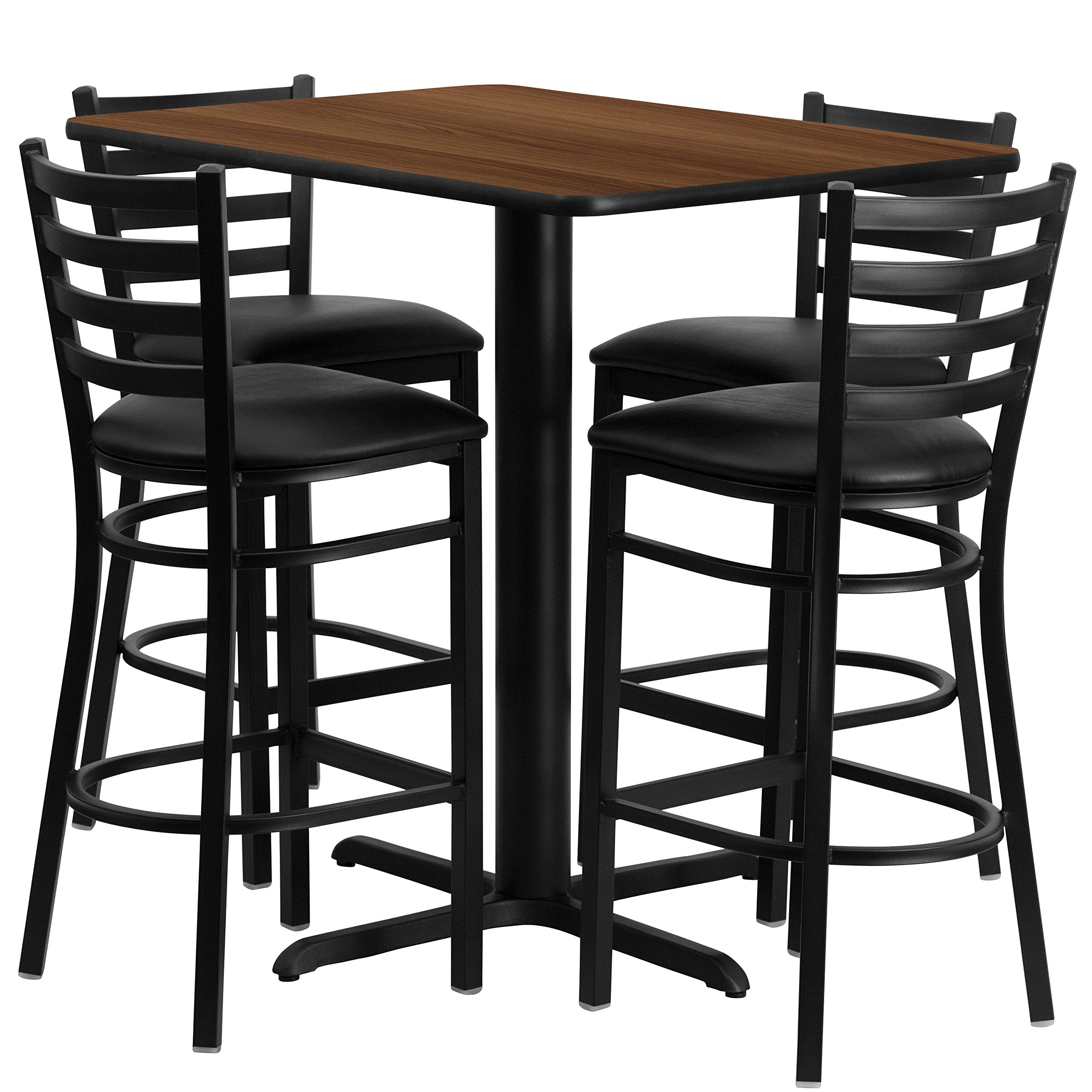 Flash Furniture 24''W x 42''L Rectangular Walnut Laminate Table Set with 4 Ladder Back Metal Barstools - Black Vinyl Seat