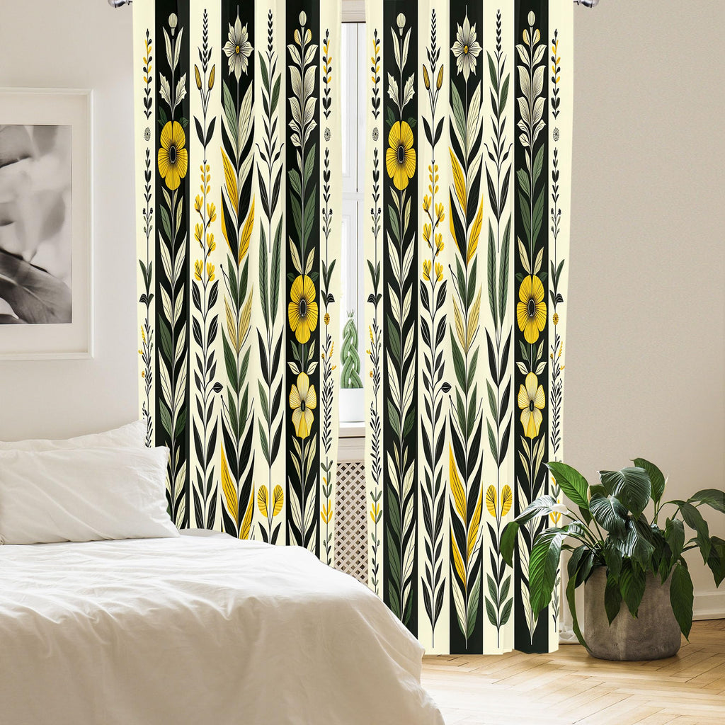 Ambesonne Nature Boho Curtains, Urban Jungle Theme Dreamy Leaves And Flowery Petals And Stripes, Window Treatments 2 Panel Set F