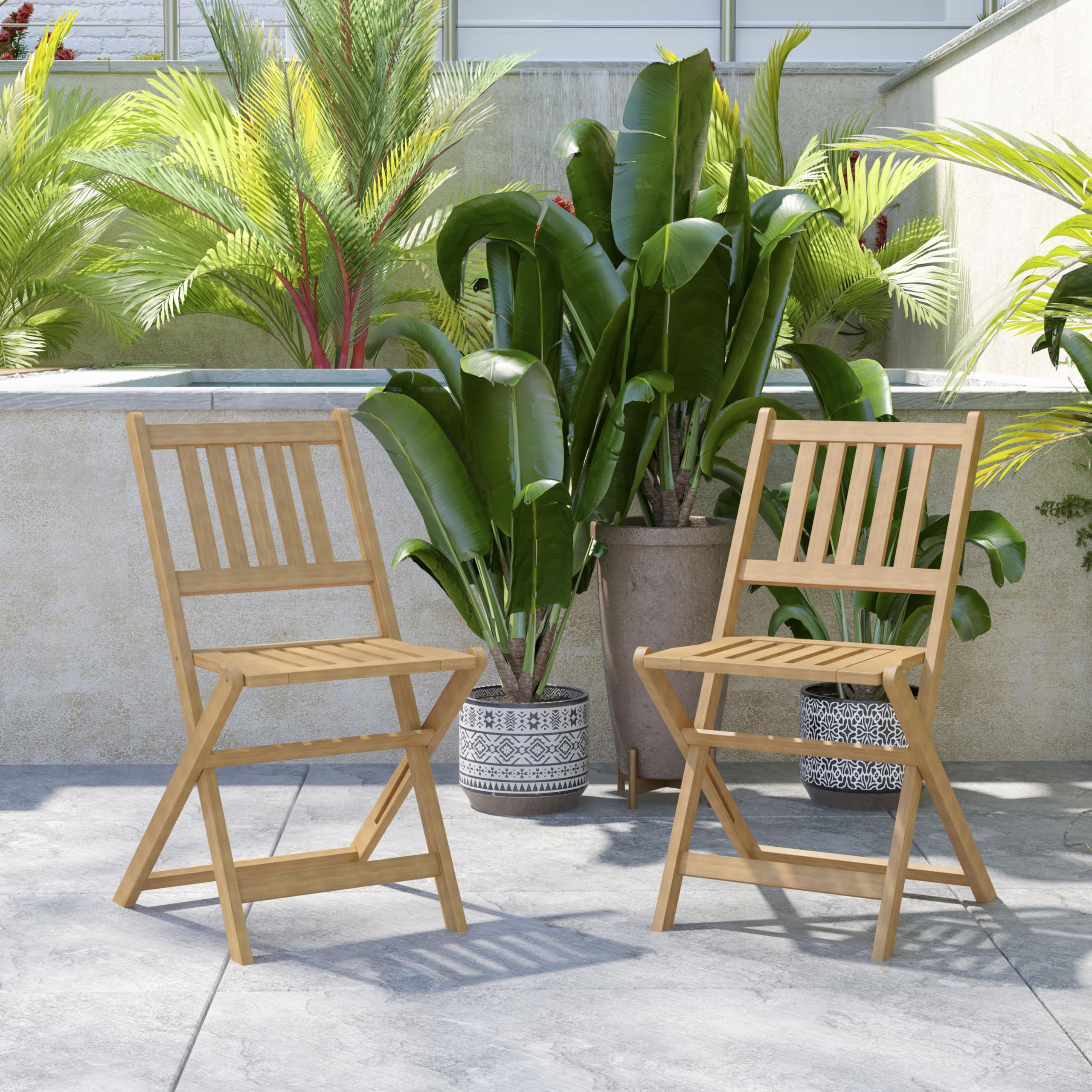 Flash Furniture Martindale Indoor/Outdoor Folding Acacia Wood Bistro Chairs - Natural Finish - X Base Frame - Slatted Back and Seat - For Porch, Patio, or Sunroom