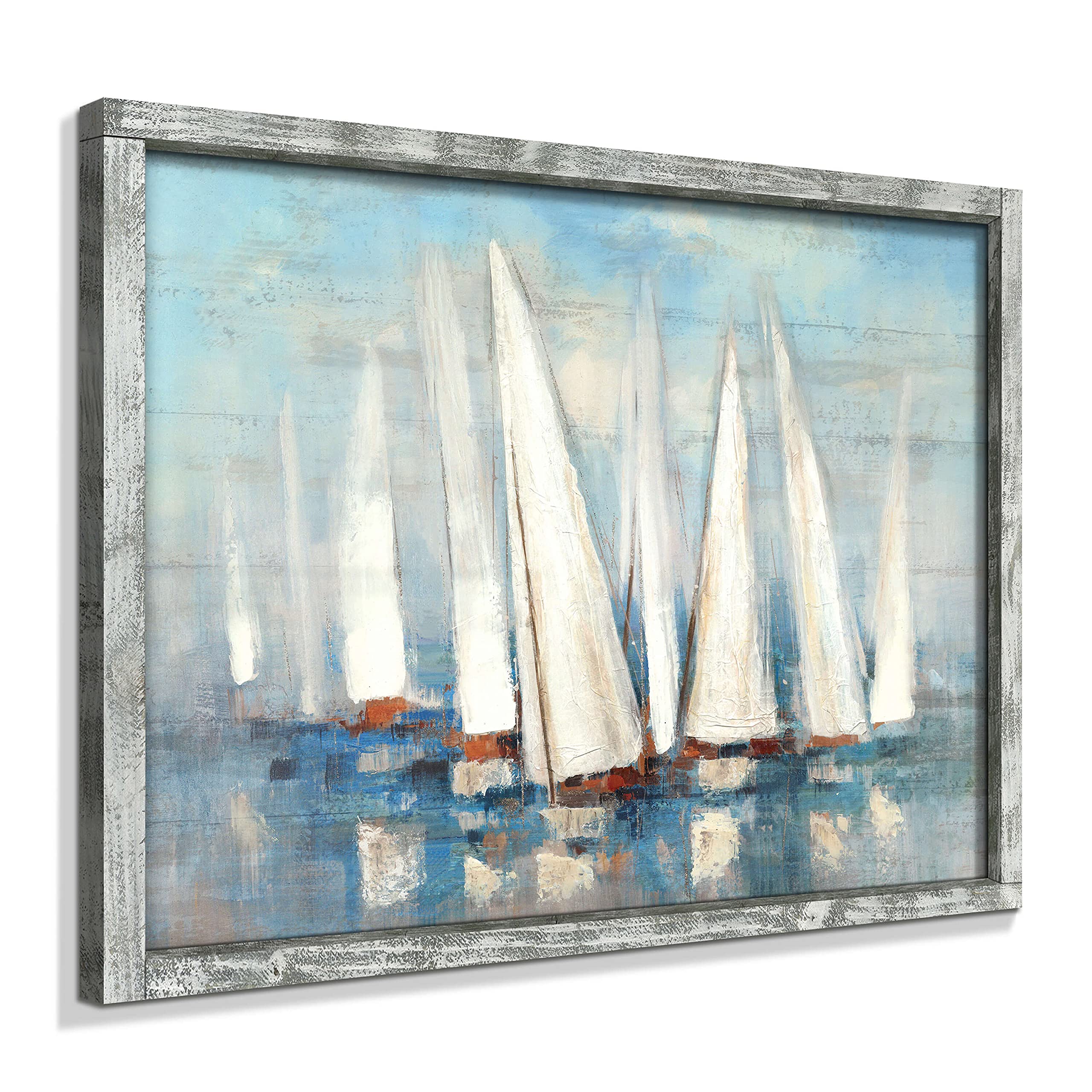 Ocean Framed Painting Wall Art: Abstract Coastal Artwork 40x30 Seascape Picture Seascape Prints on Wood in Modern Style for Livi