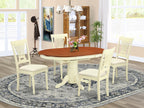 East West Furniture AVPL5-WHI-C 5 Piece Dinette Set for 4 Includes an Oval Dining Room Table with Butterfly Leaf and 4 Linen Fabric Kitchen Dining Chairs, 42x60 Inch, Buttermilk & Cherry