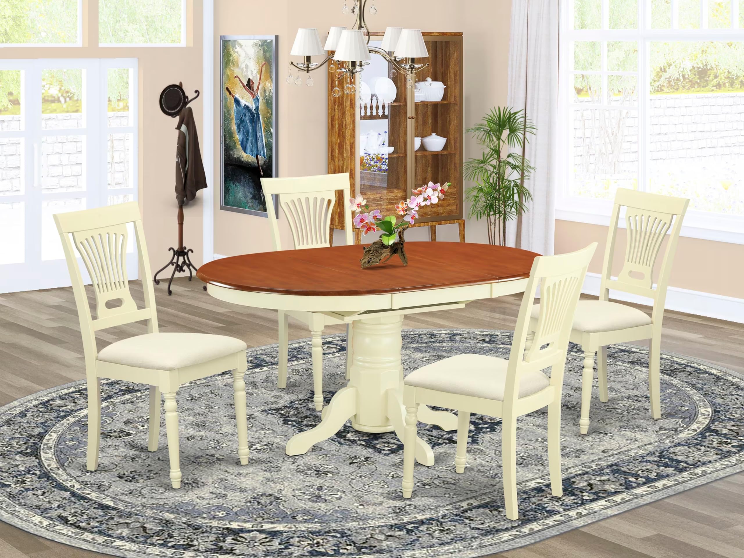 East West Furniture AVPL5-WHI-C 5 Piece Dinette Set for 4 Includes an Oval Dining Room Table with Butterfly Leaf and 4 Linen Fabric Kitchen Dining Chairs, 42x60 Inch, Buttermilk & Cherry