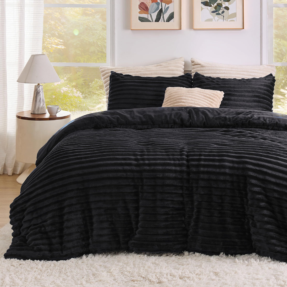 Bedsure Fluffy Comforter Set Queen - Super Soft Faux Fur Comforter Queen Size Black, Winter Warm Fleece Bedding Set, Plush Fuzzy