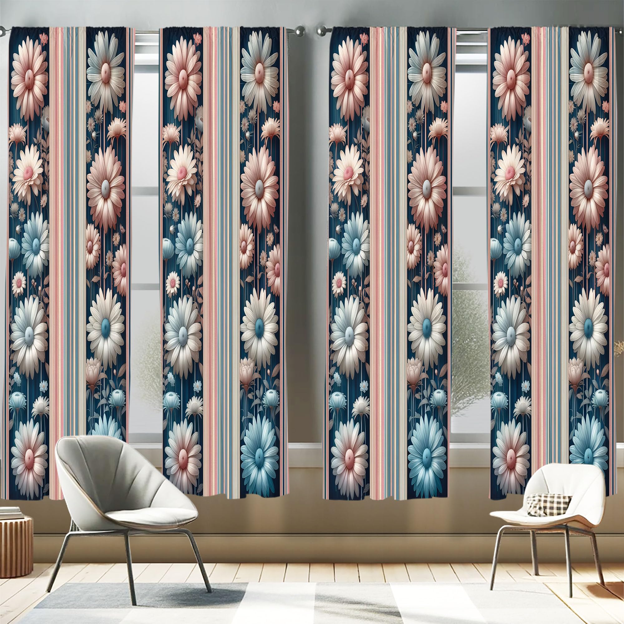 Ambesonne Floral Window Curtains Pack of 2, Nostalgic Garden with Vintage Daisy Flowers and Bicolour Soft Stripes, Lightweight S