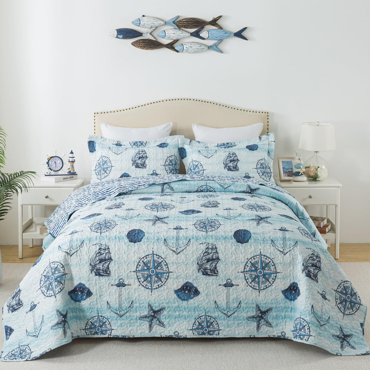 Honeilife Coastal Quilt Sets King - 3 Pieces Nautical Quilt Sets Ocean Bedspreads Beach Coverlets Lightweight Bed Cover All Seas