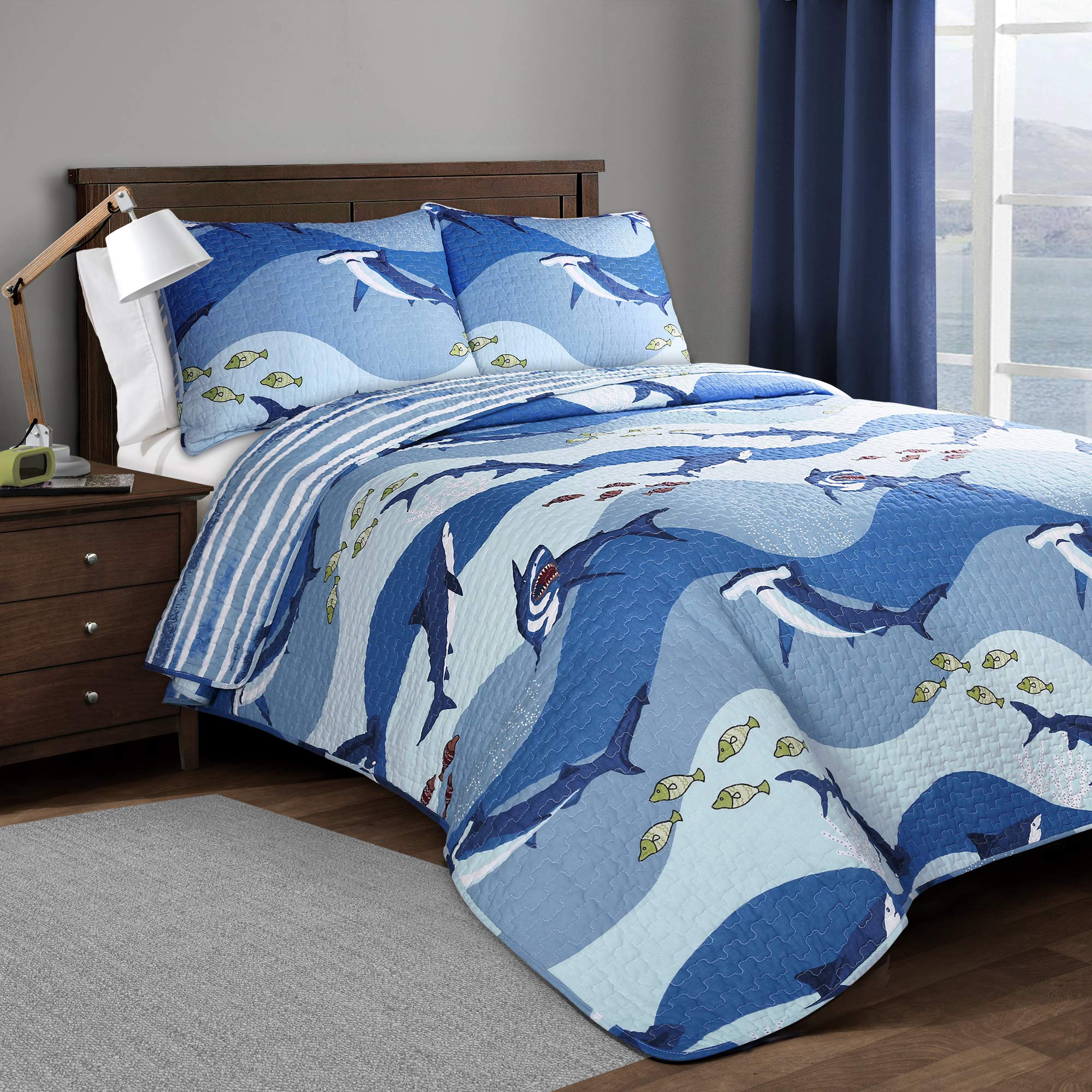 Lush Decor, Twin, Blue Shark Allover Quilt | Fish Ocean Wave Reversible 2 Piece Bedding Set, 2