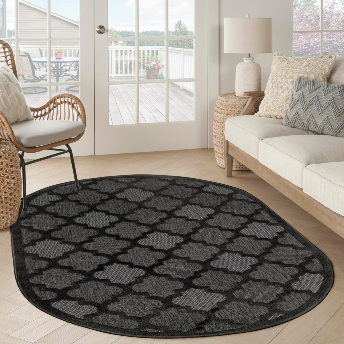 Nourison Easy Care Indoor/Outdoor Charcoal Black 6' X 9' Oval Area Rug, Easy Cleaning, Non Shedding, Bed Room, Living Room, Dining Room, Backyard, Deck, Patio (6X9)