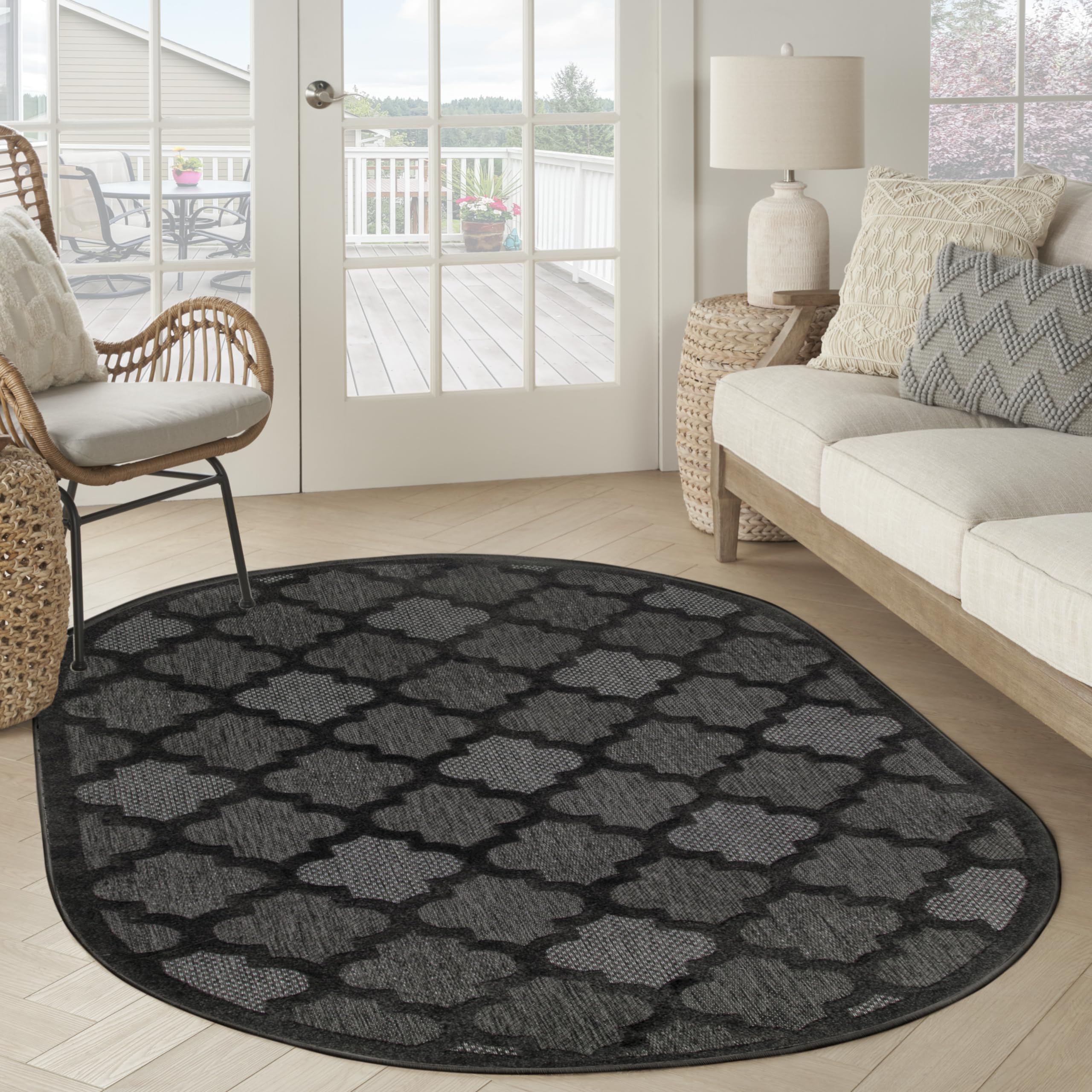 Nourison Easy Care Indoor/Outdoor Charcoal Black 6' X 9' Oval Area Rug, Easy Cleaning, Non Shedding, Bed Room, Living Room, Dining Room, Backyard, Deck, Patio (6X9)