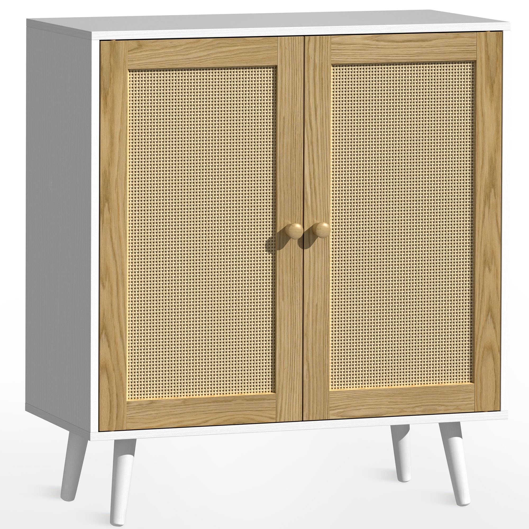 infurnic Rattan Storage Cabinet, Small Sideboard Buffets Storage Cabinet with Doors for Kitchen & Entryway Storage, White