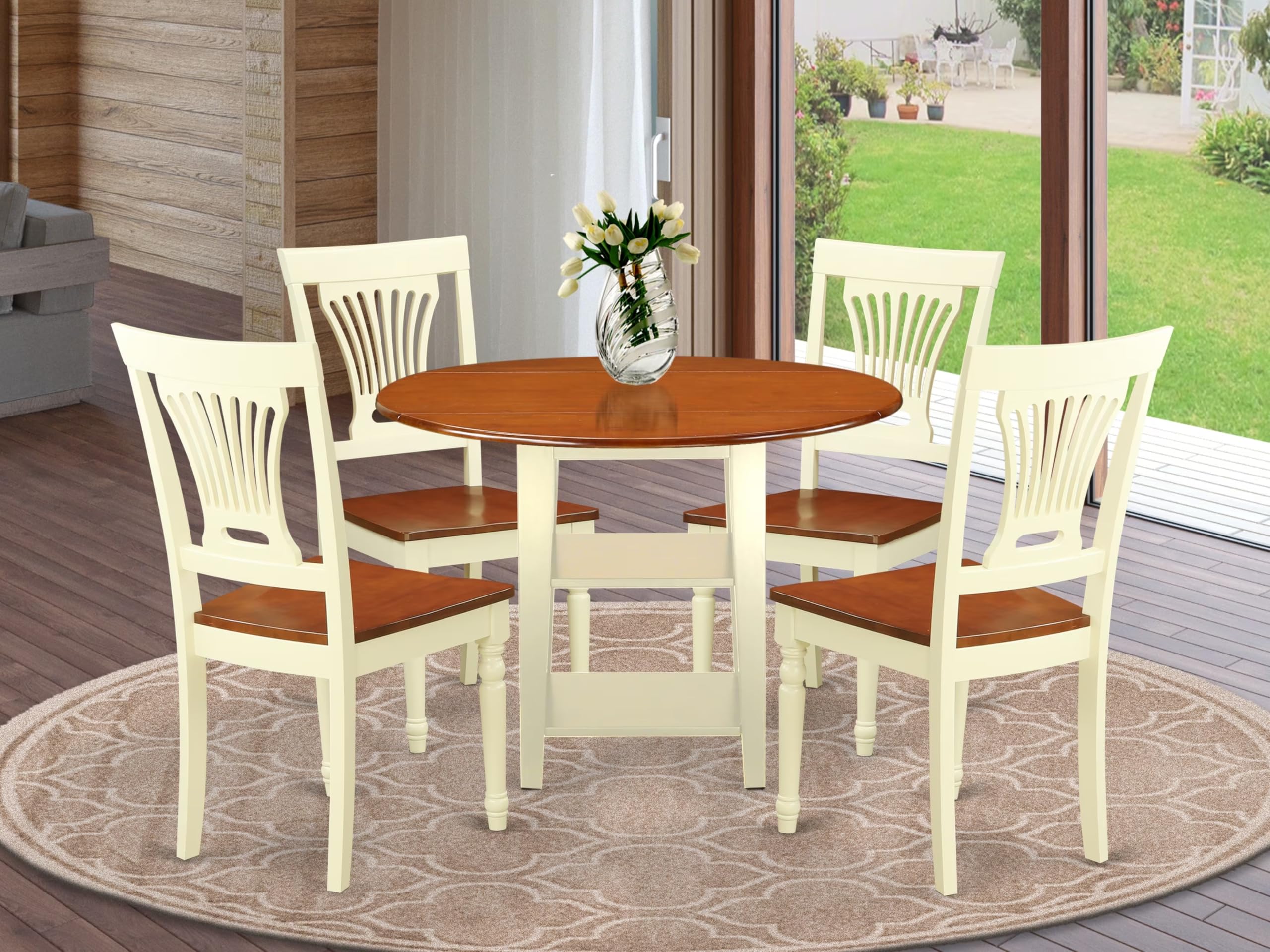 East West Furniture SUPL5-BMK-W 5 Piece Dining Room Table Set Includes a Round Kitchen Table with Dropleaf & Shelves and 4 Dining Chairs, 42x42 Inch, Buttermilk & Cherry