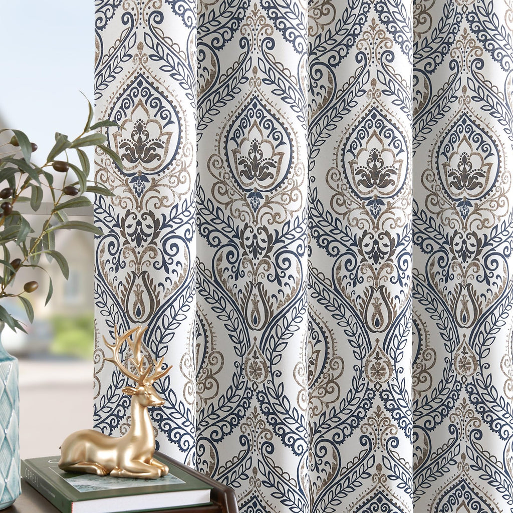 Jinchan 100% Blackout Curtains 72 Inch Length 2 Panels Blue Damask Medallion Window Curtains For Bedroom Grommet Thermal Insulated Drapes For Living Room Vintage Luxury Window Treatments Set