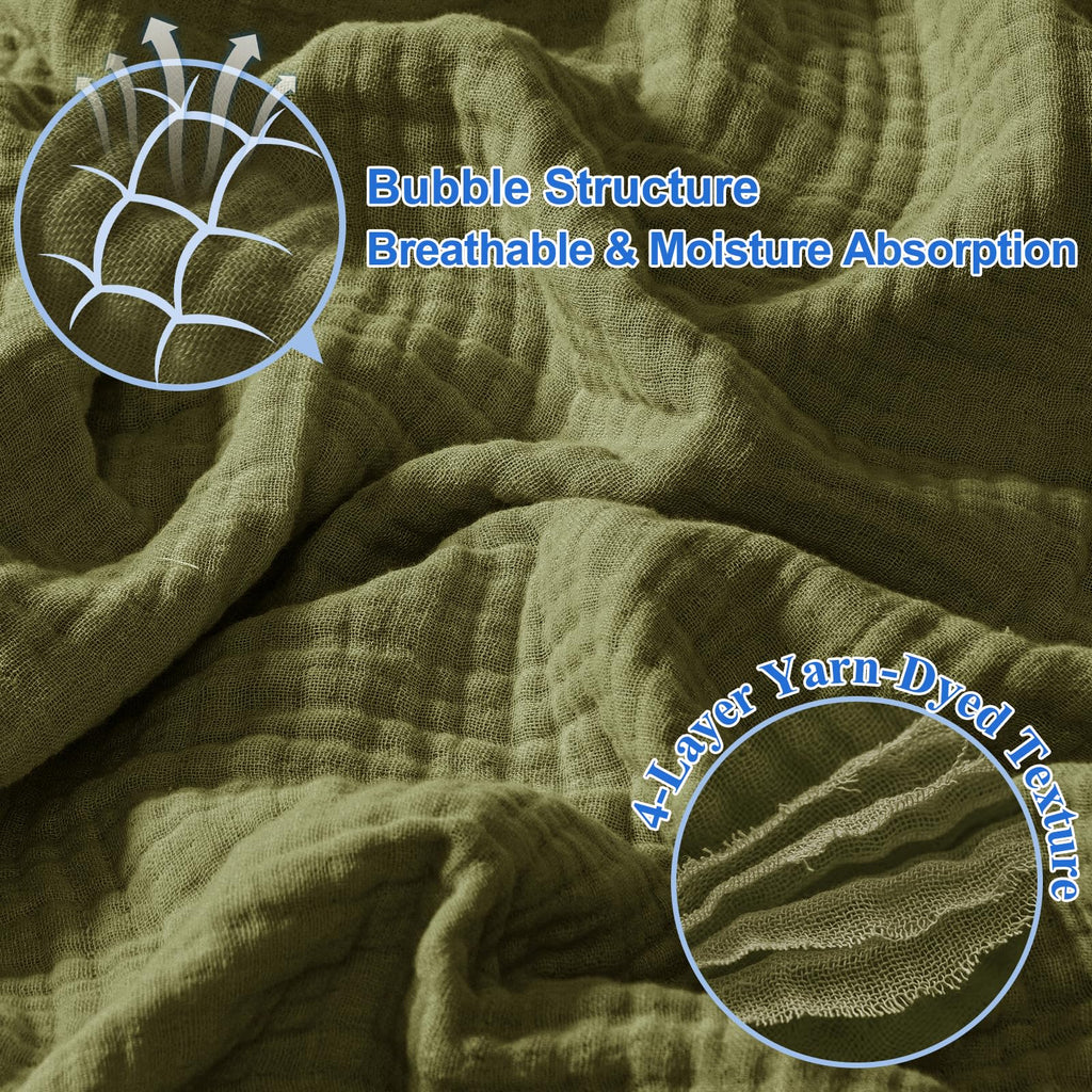 Phf 100% Cotton Muslin Throw Blanket 50' X 60', 4-Layer Lightweight And Breathable Blanket For Summer, Luxuriously Soft Gauze Throws For Couch, Natural Minimalism Style, Ideal Gift, Olive Green
